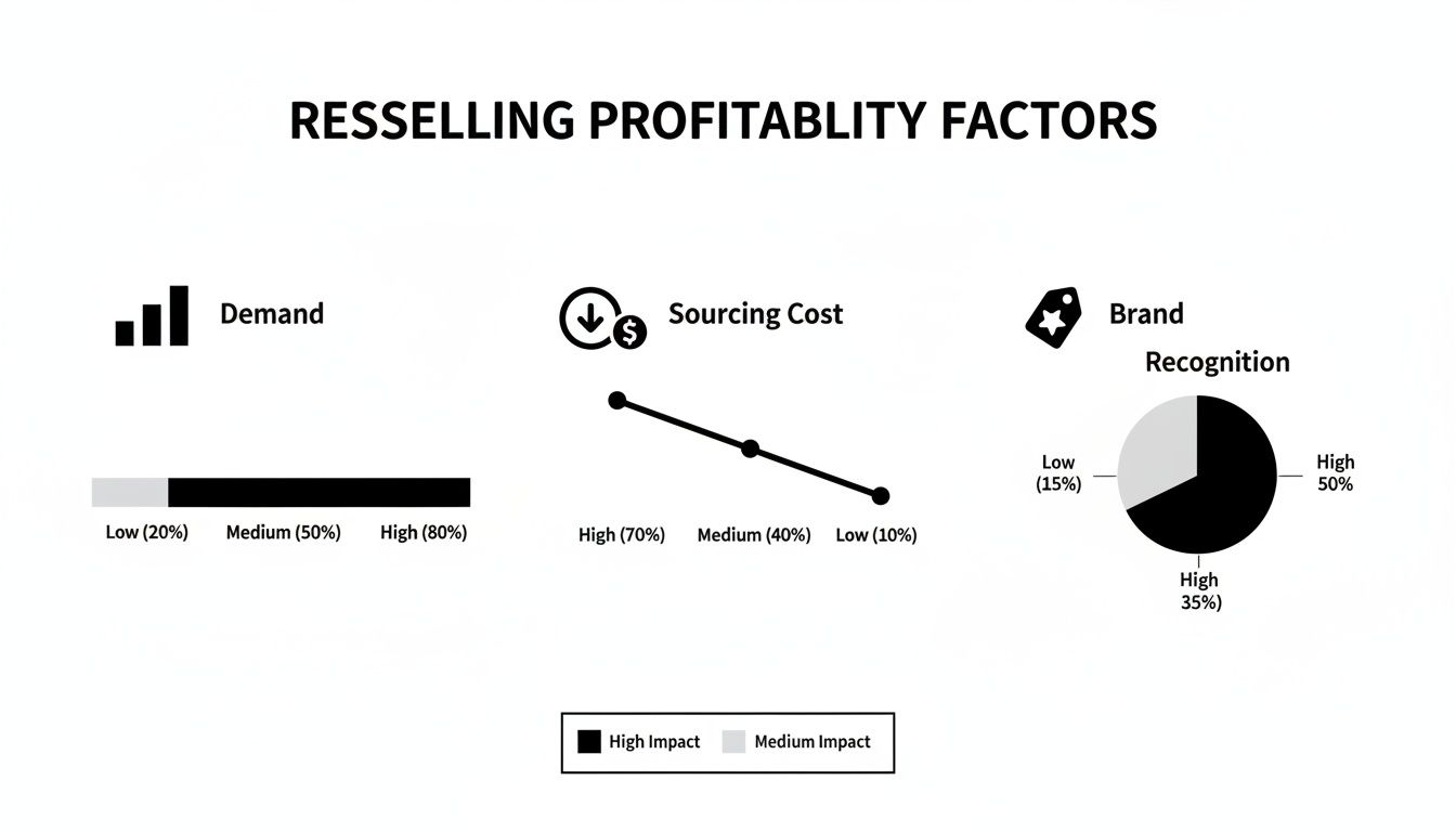 Infographic showing reselling profitability factors including demand, sourcing cost, and brand recognition.