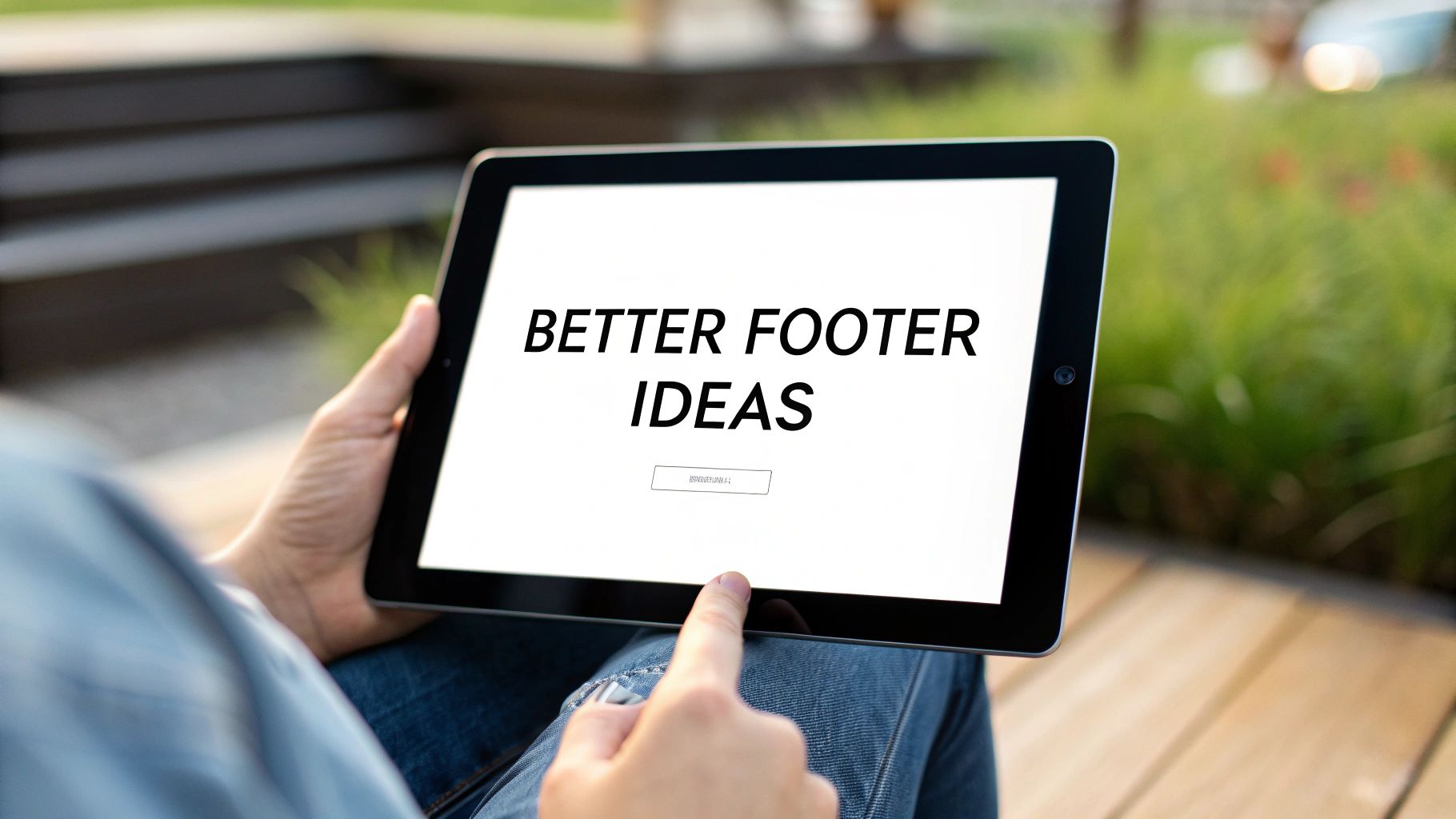 A person holds a tablet displaying 'BETTER FOOTER IDEAS' on its screen, tapping it outdoors.