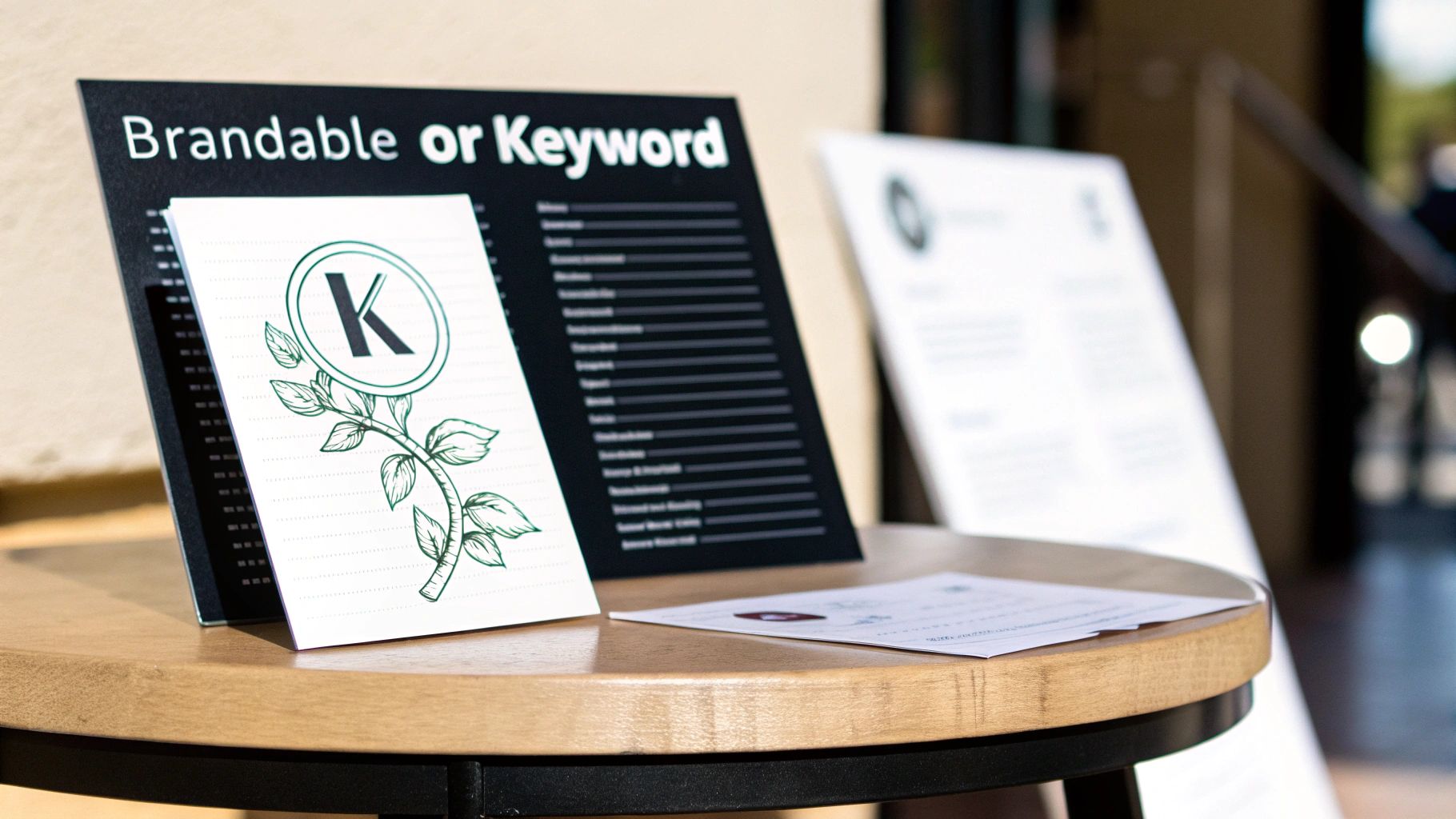 Black sign on a wooden table displays 'Brandable or Keyword' with a 'K' logo card, suggesting domain name selection.