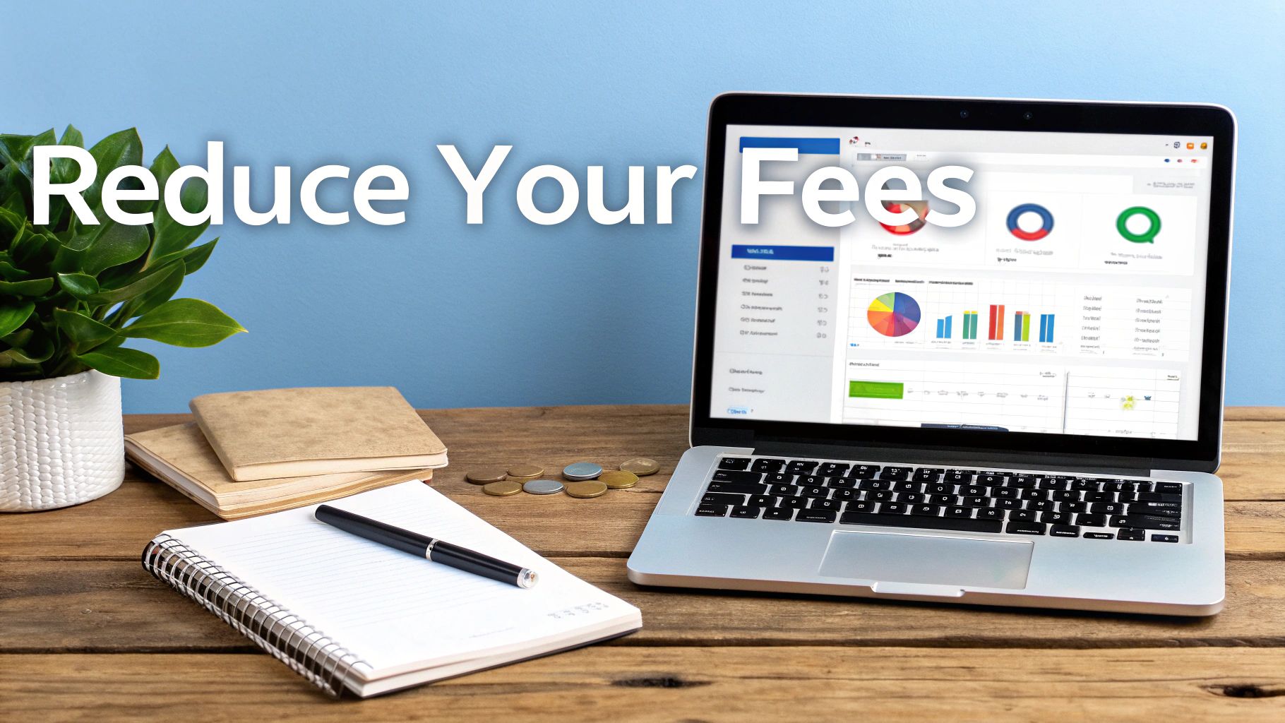 A laptop displaying financial charts and graphs on a wooden desk, with text 'Reduce Your Fees'.