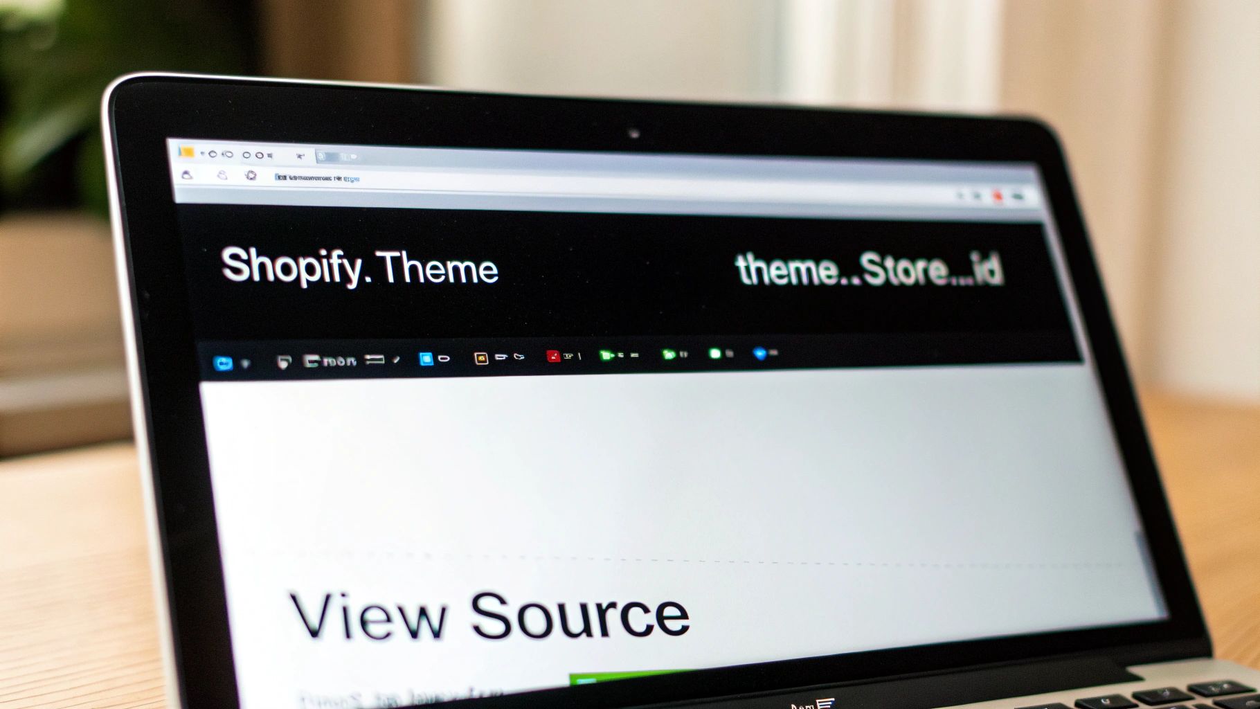 Close-up of a laptop screen displaying 'Shopify. Theme' and 'View Source' in a browser.