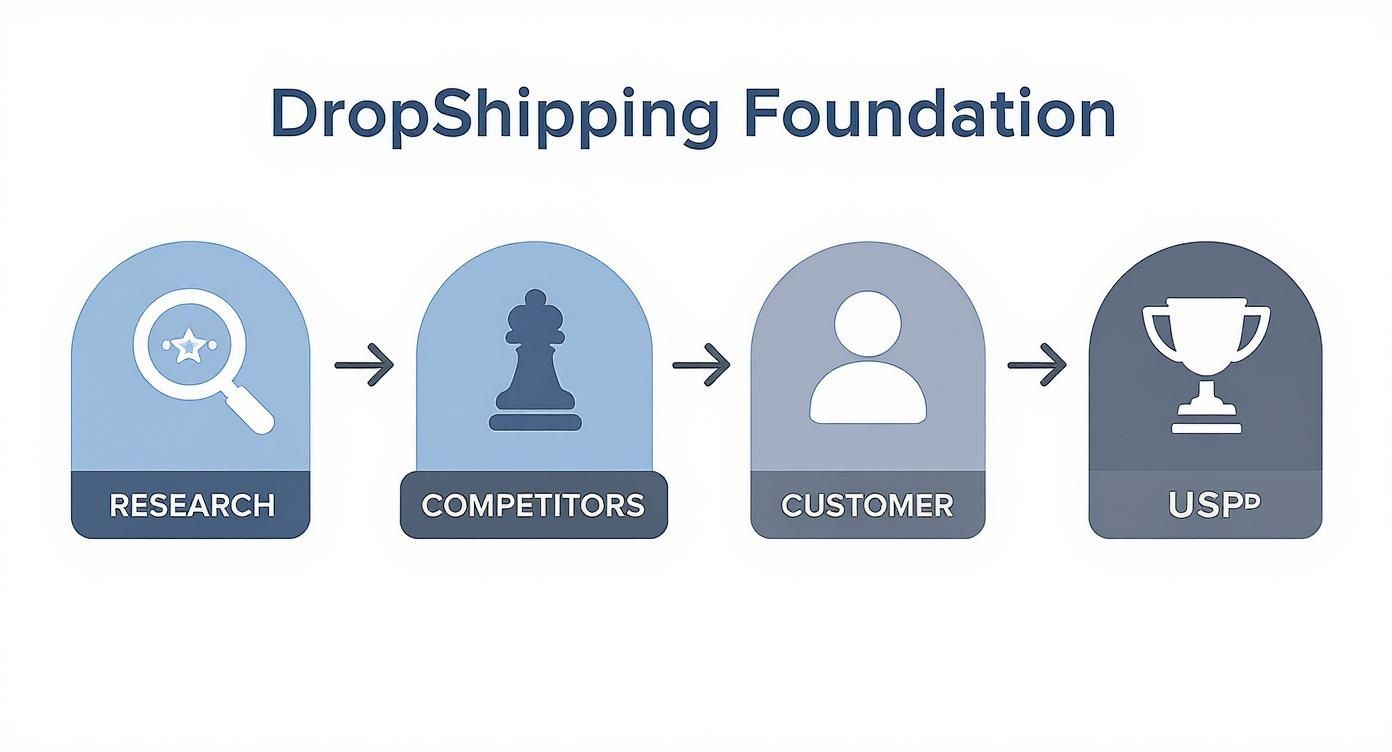 Dropshipping foundation framework showing four steps: research, competitors analysis, customer targeting, and unique selling proposition development