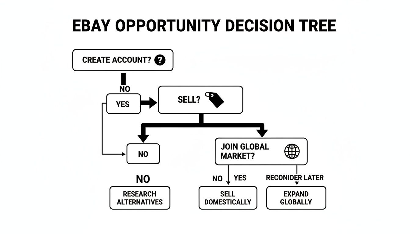 Decision tree flowchart outlining steps for creating an account and selling on eBay.