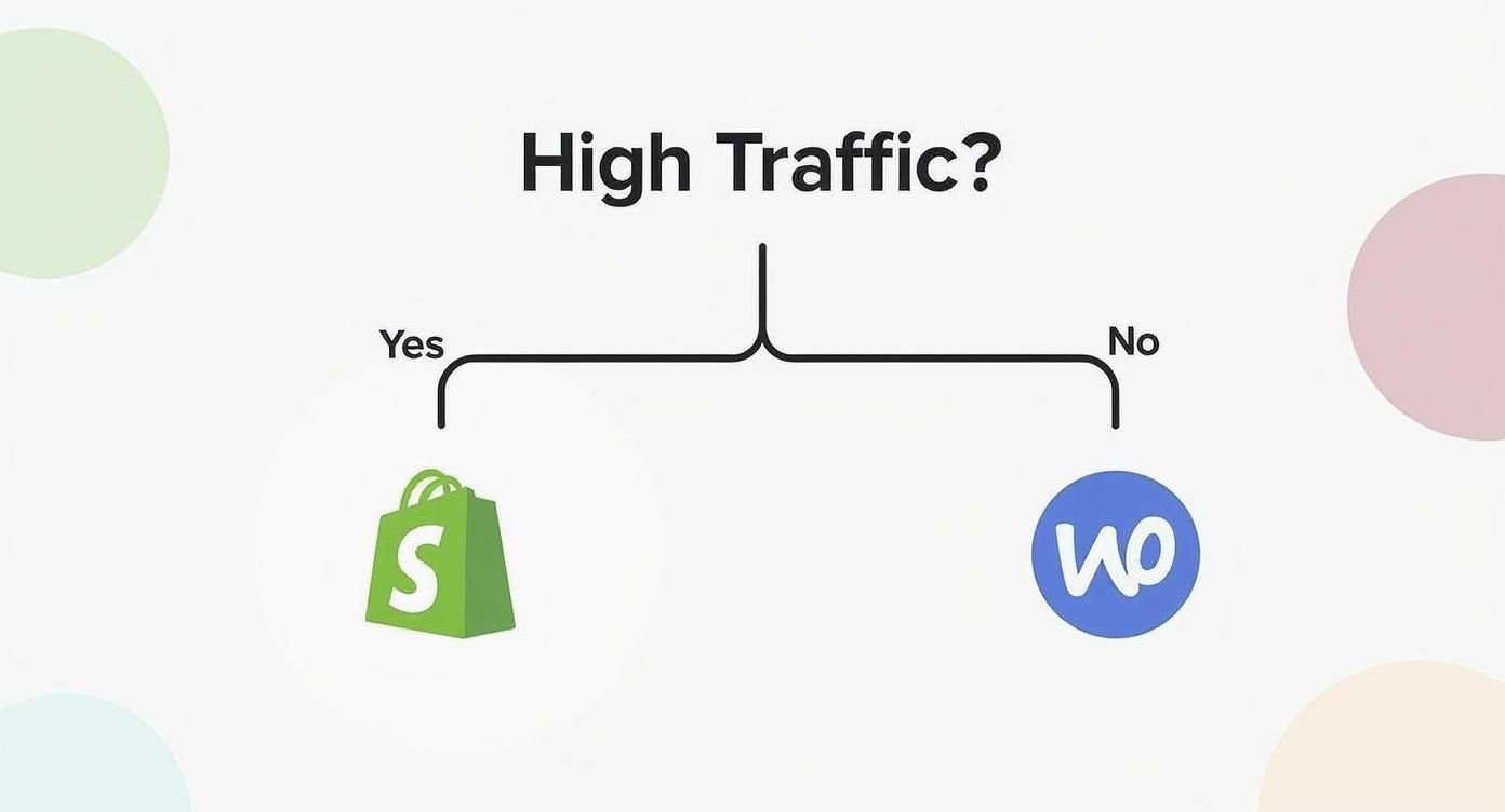 An infographic decision tree showing that businesses expecting high traffic should consider Shopify, while those with lower traffic might find WooCommerce suitable.