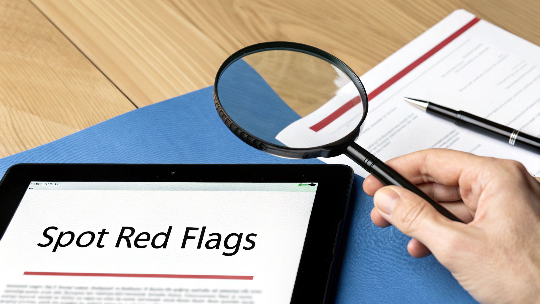 A magnifying glass hovering over a contract, symbolizing the scrutiny needed to spot supplier red flags