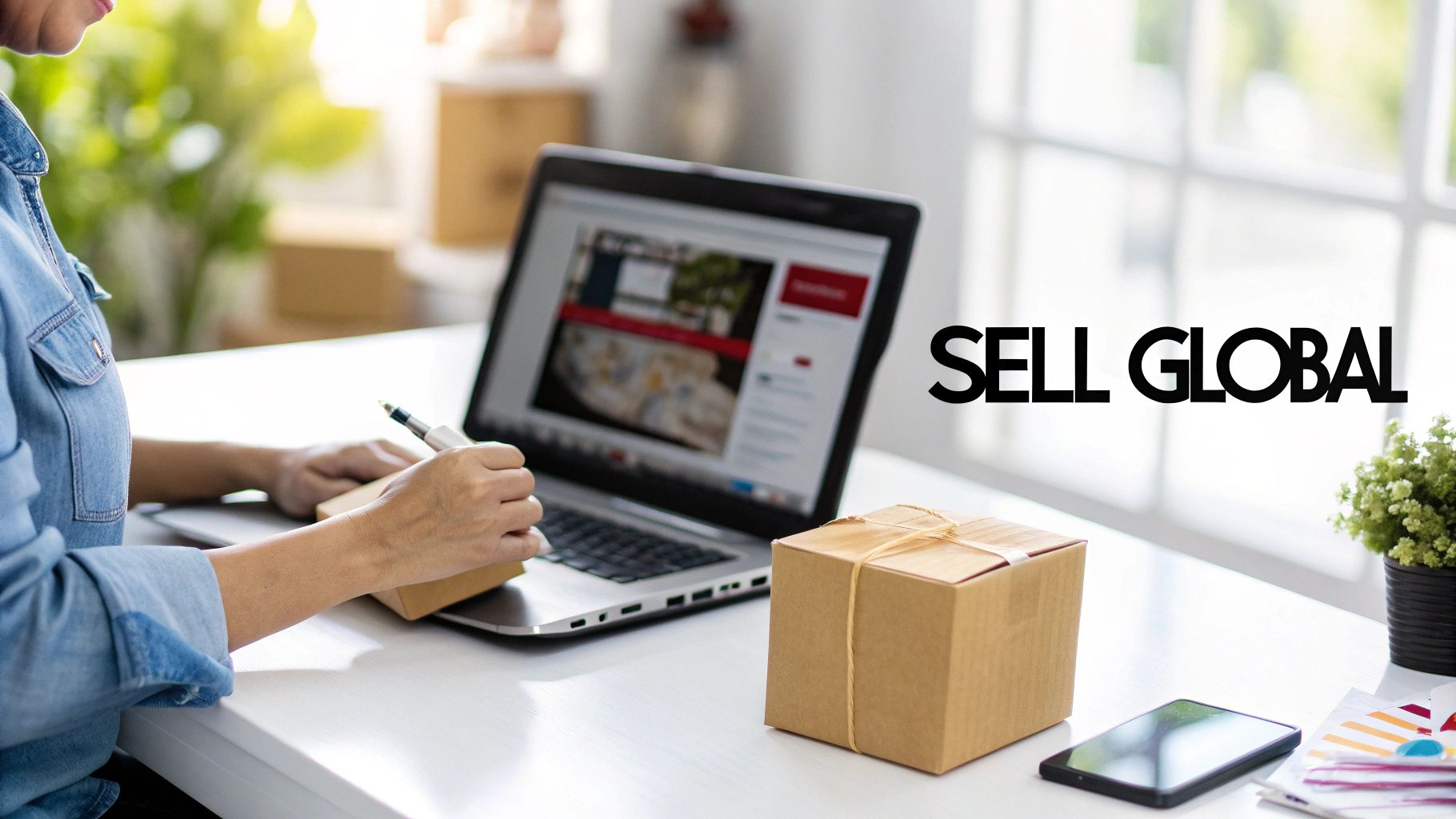 Person in denim shirt preparing packages at a desk with a laptop and 'SELL GLOBAL' text.