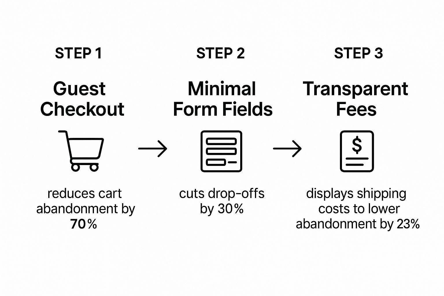 Infographic showing that guest checkout, minimal form fields, and transparent fees reduce cart abandonment.