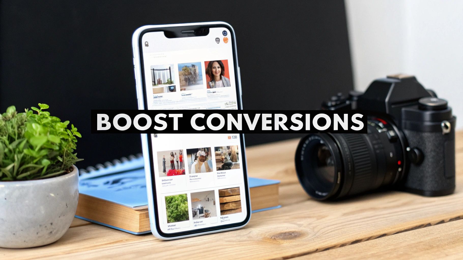 A smartphone displays product images alongside a camera and plant, with 'BOOST CONVERSIONS' text.