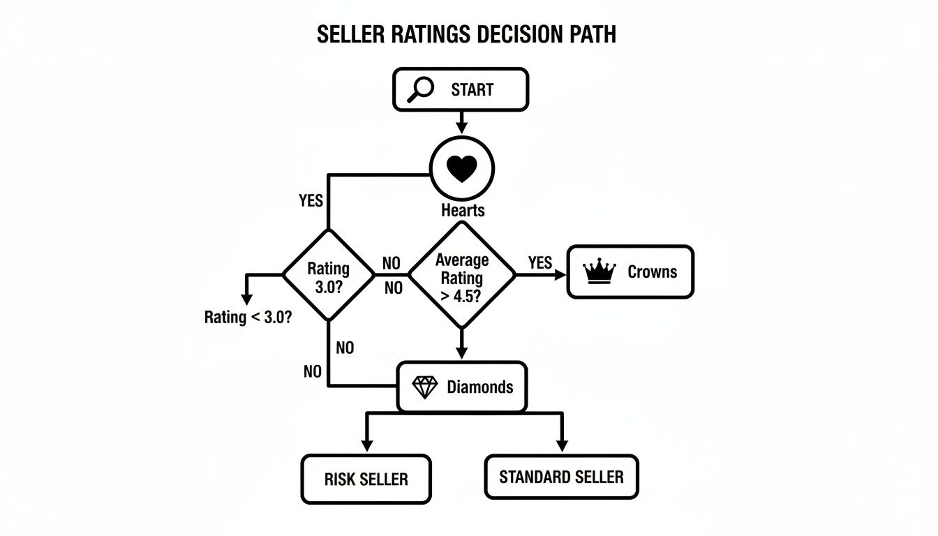 A flowchart detailing seller rating decisions, categorized into Hearts, Crowns, Diamonds, Risk, or Standard Seller.