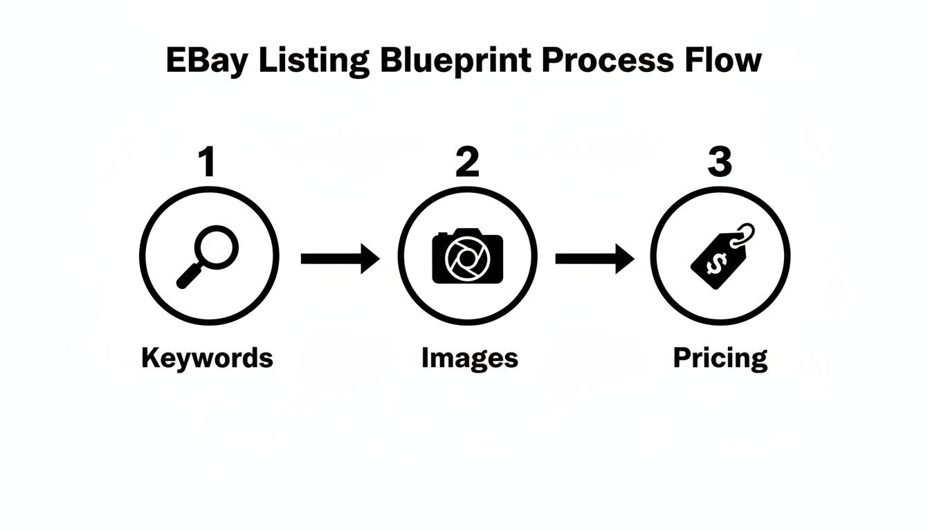Flowchart outlining the eBay listing blueprint process: Keywords, Images, and Pricing are the three steps.