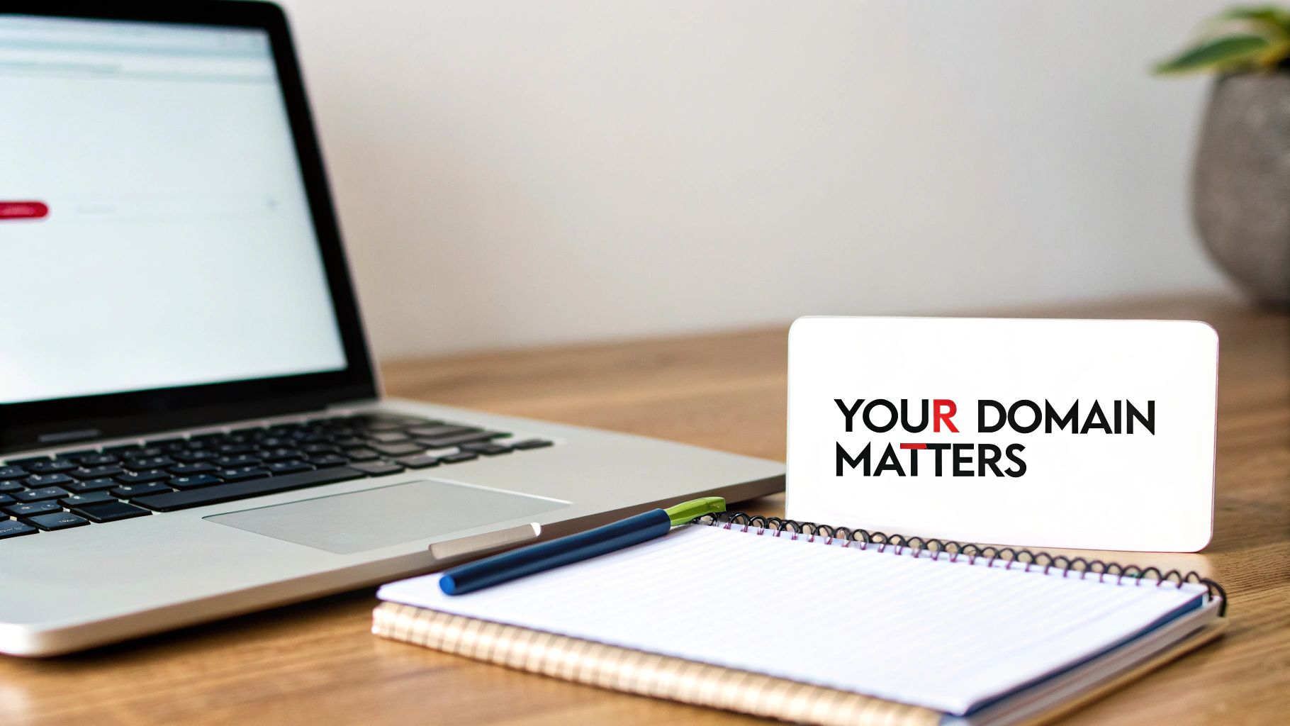 A desk setup with a laptop, pen, notebook, and a card reading 'YOUR DOMAIN MATTERS' emphasizing its importance.