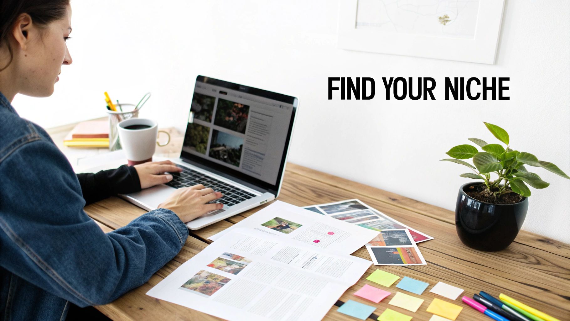 Woman working on laptop researching dropshipping niche selection with documents and colorful notes on wooden desk