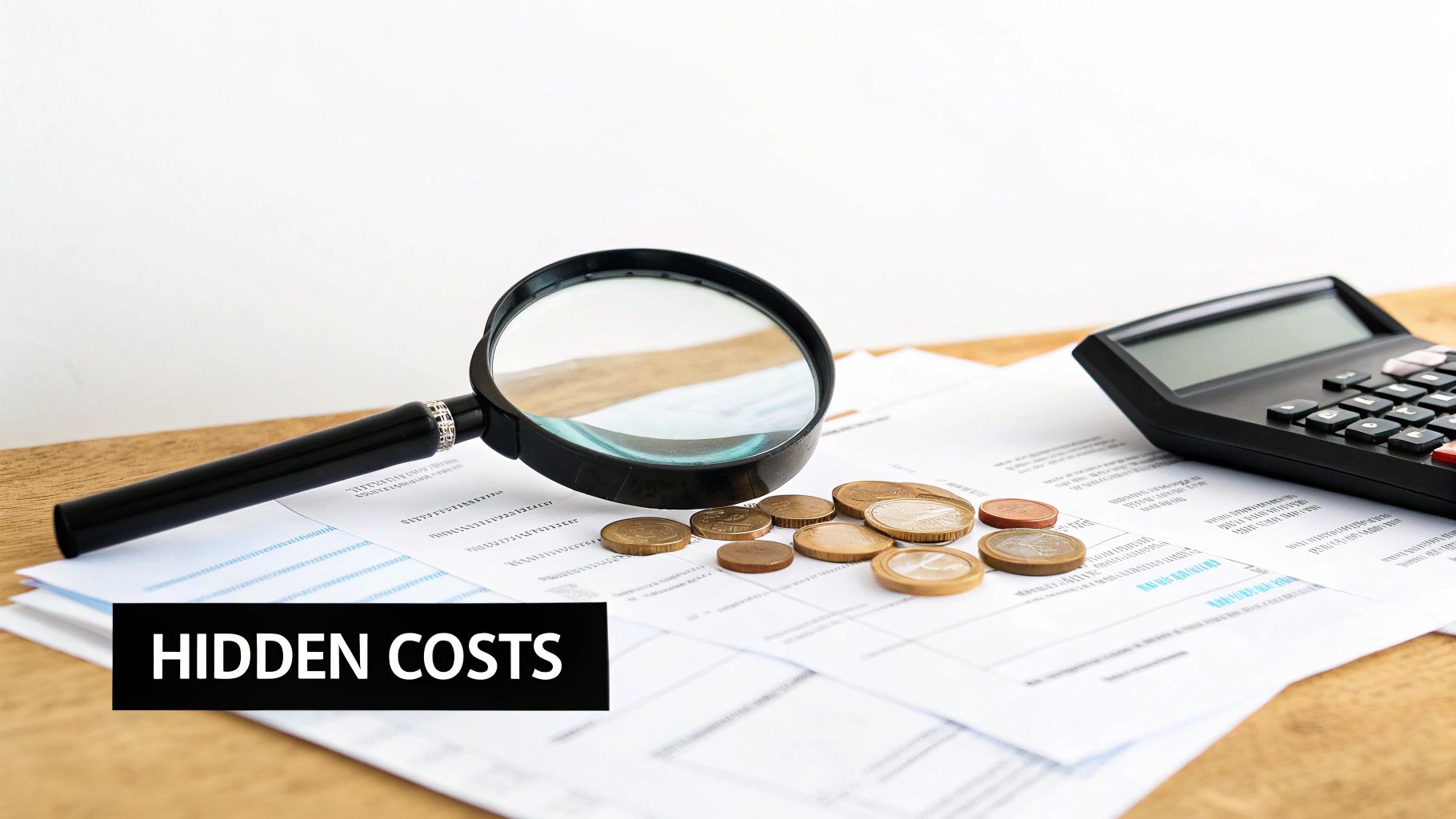 A magnifying glass, calculator, and coins on financial papers, emphasizing hidden costs.