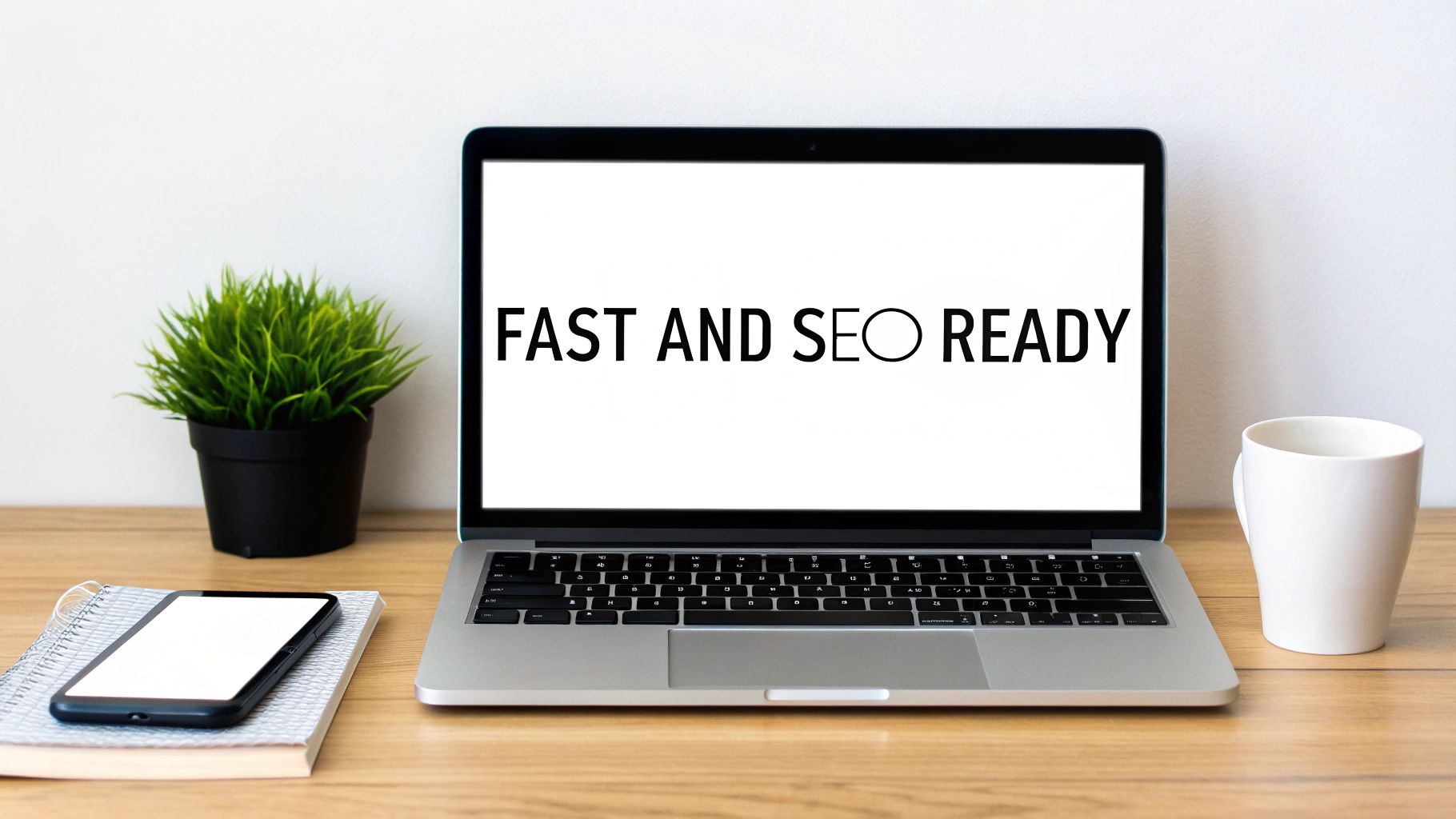 A laptop displaying 'FAST AND SEO READY' on a wooden desk with a plant, smartphone, and mug.