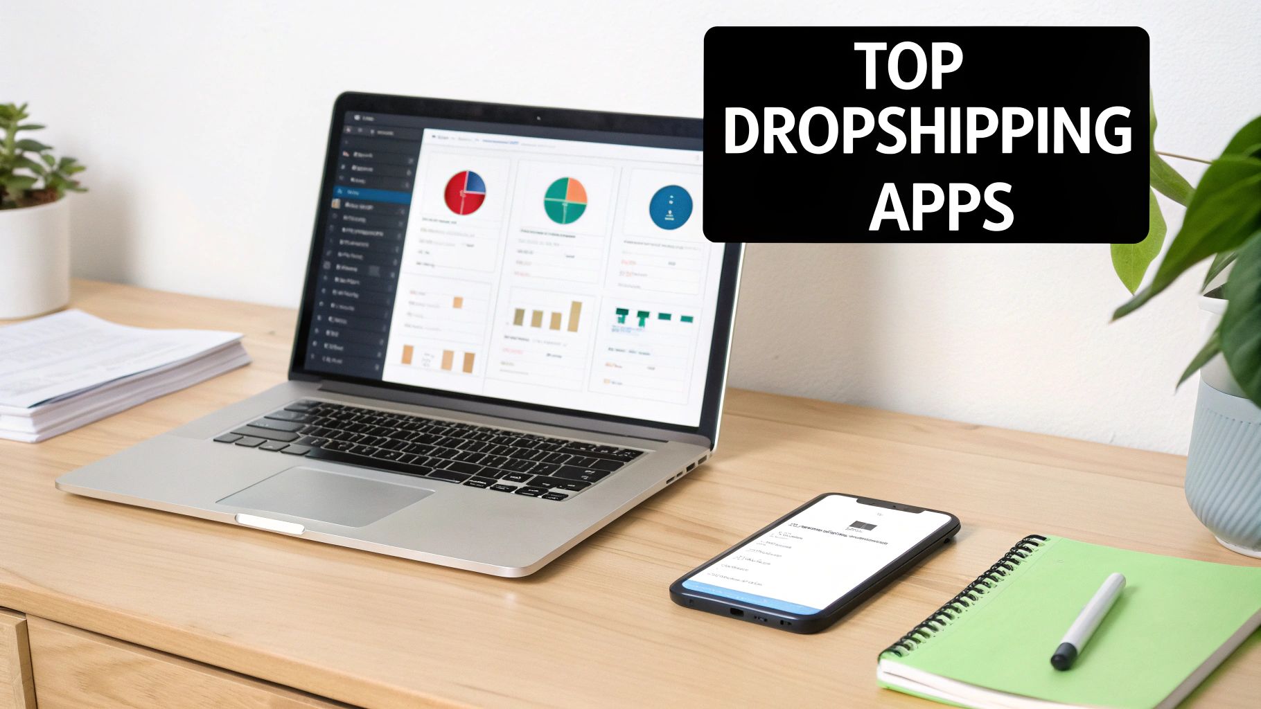 Laptop displaying analytics dashboard with colorful charts for top dropshipping apps on wooden desk