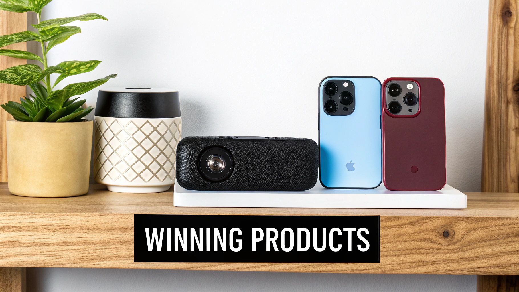 A magnifying glass hovering over a grid of product icons, symbolizing the search for winning products.