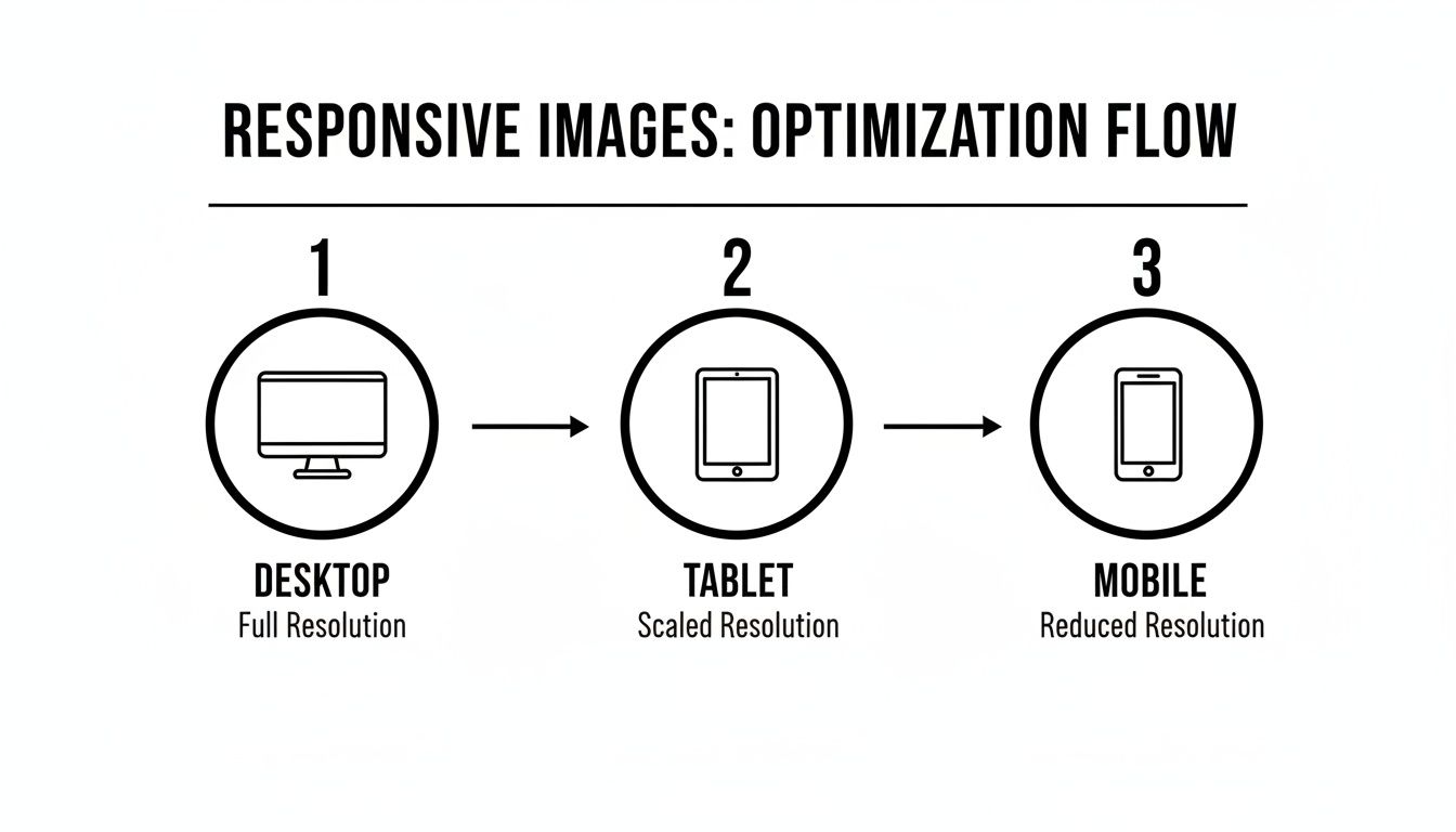Flowchart depicting responsive image optimization from full resolution desktop to scaled tablet and reduced mobile.