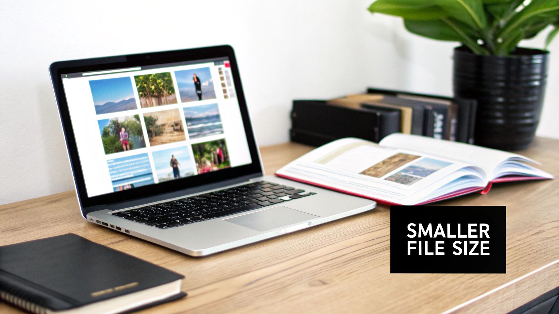 A laptop displaying an image gallery, an open book, a notebook, and a plant on a wooden desk, with 'SMALLER FILE SIZE' text.