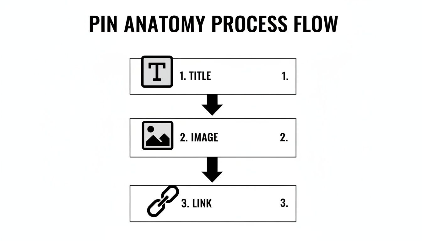 A flowchart titled 'Pin Anatomy Process Flow' illustrating three steps: Title, Image, and Link.