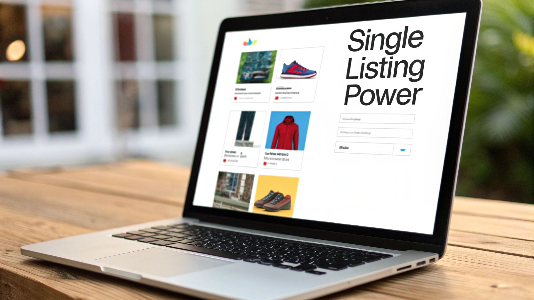 A laptop on a wooden table showing an e-commerce page with product listings and 'Single Listing Power'.