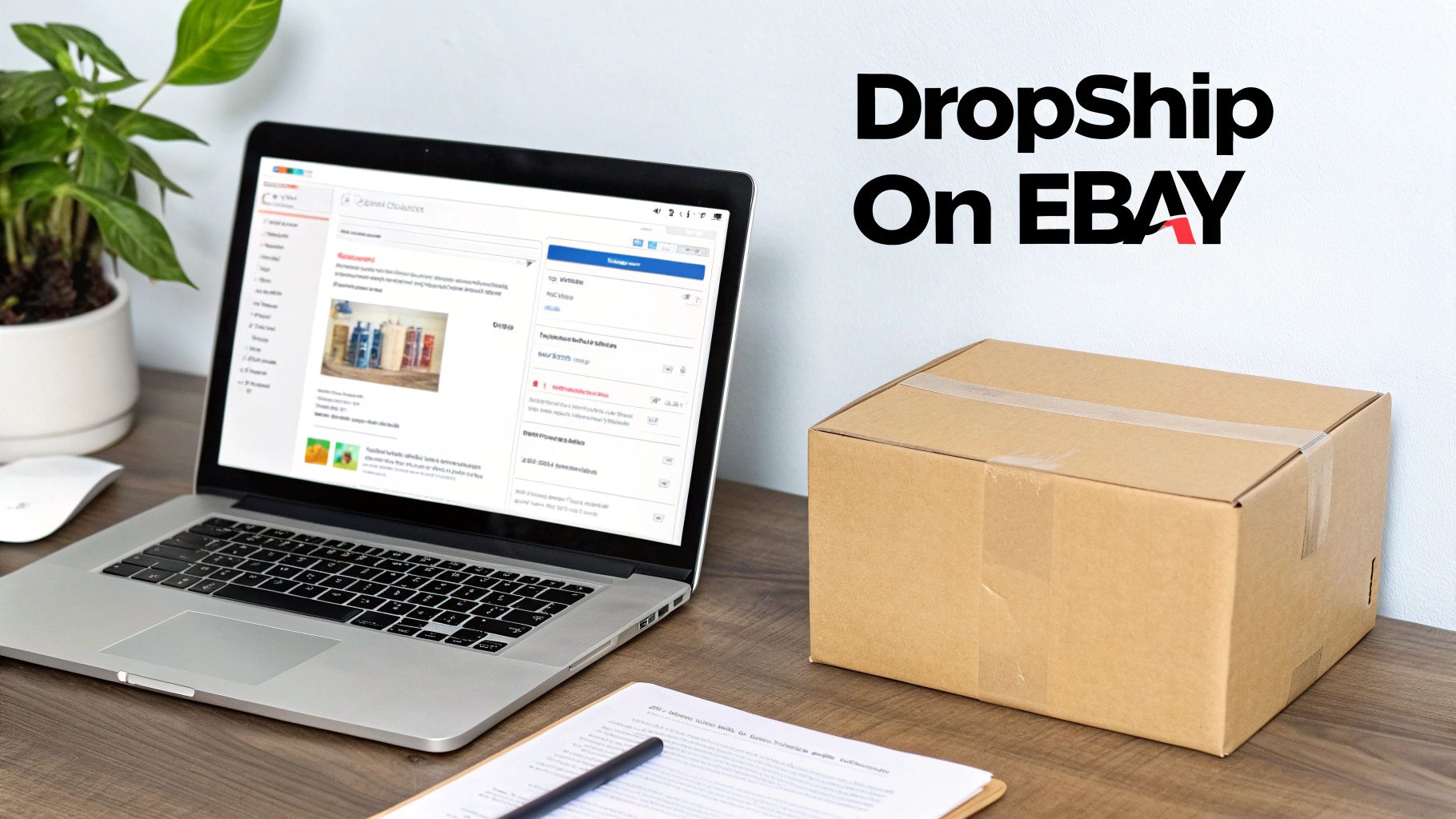A desk with a laptop showing an e-commerce page, a cardboard box, and text 'DropShip On EBAY'.