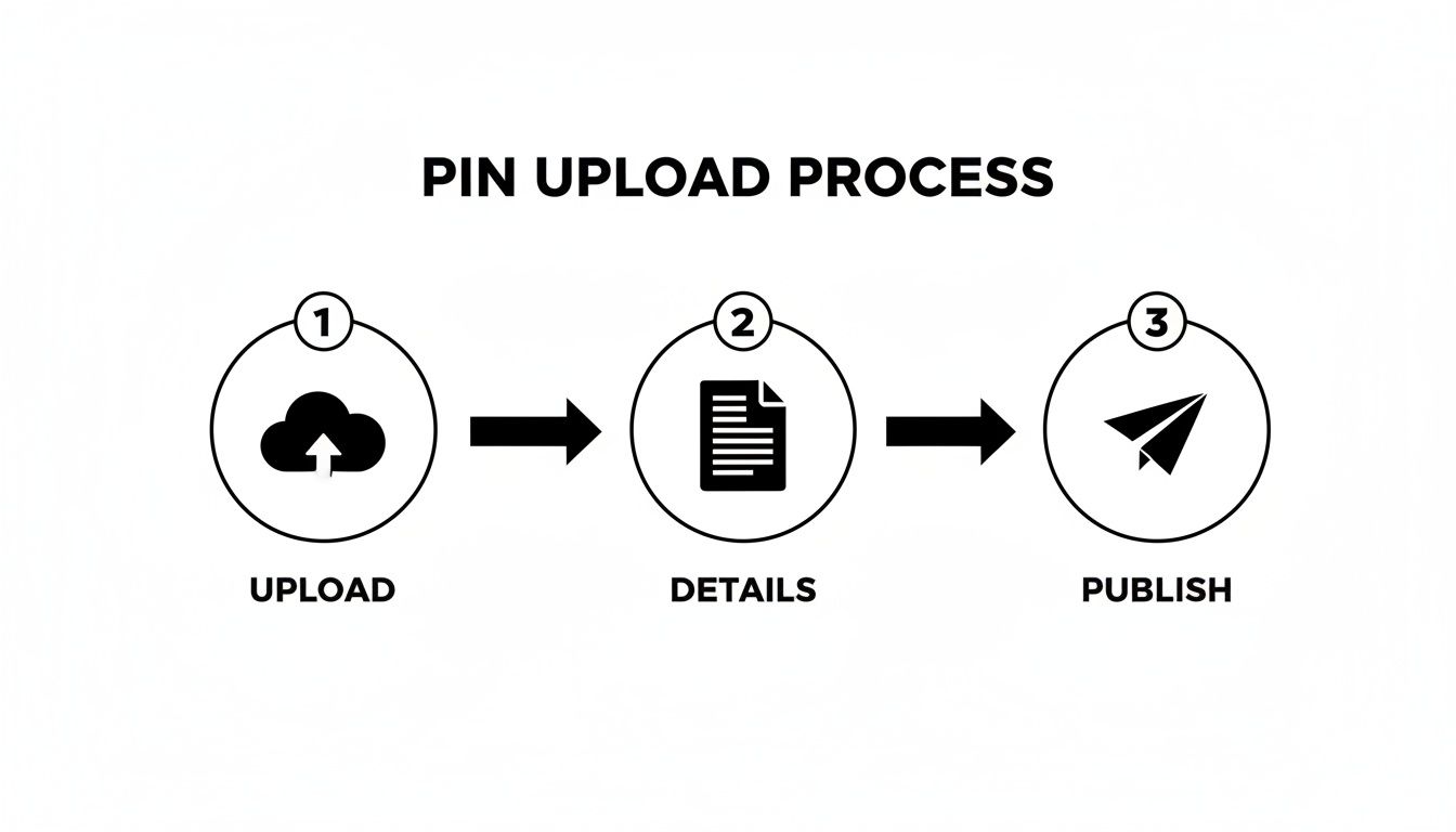 A three-step diagram illustrating the pin upload process: Upload, Details, and Publish.