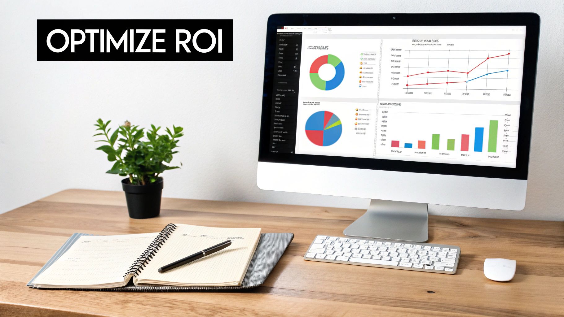 Business analytics dashboard displaying ROI optimization charts and graphs on desktop computer monitor