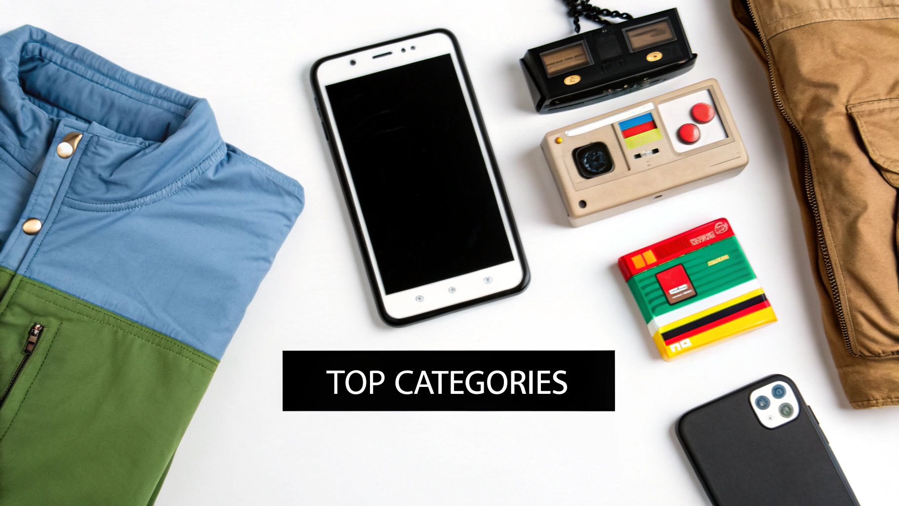 A flat lay of various electronic gadgets, apparel, and a text banner on a white background.