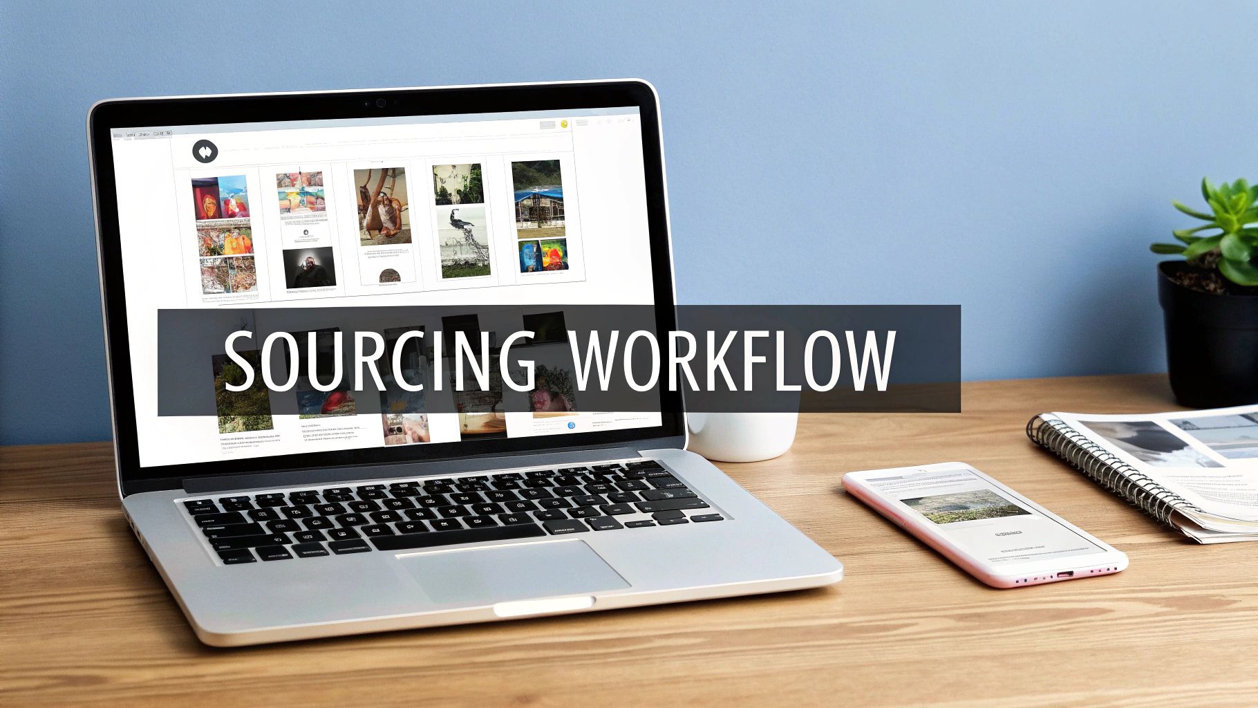 Laptop displaying 'Sourcing Workflow' text, with a smartphone, plant, and notebook on a desk.
