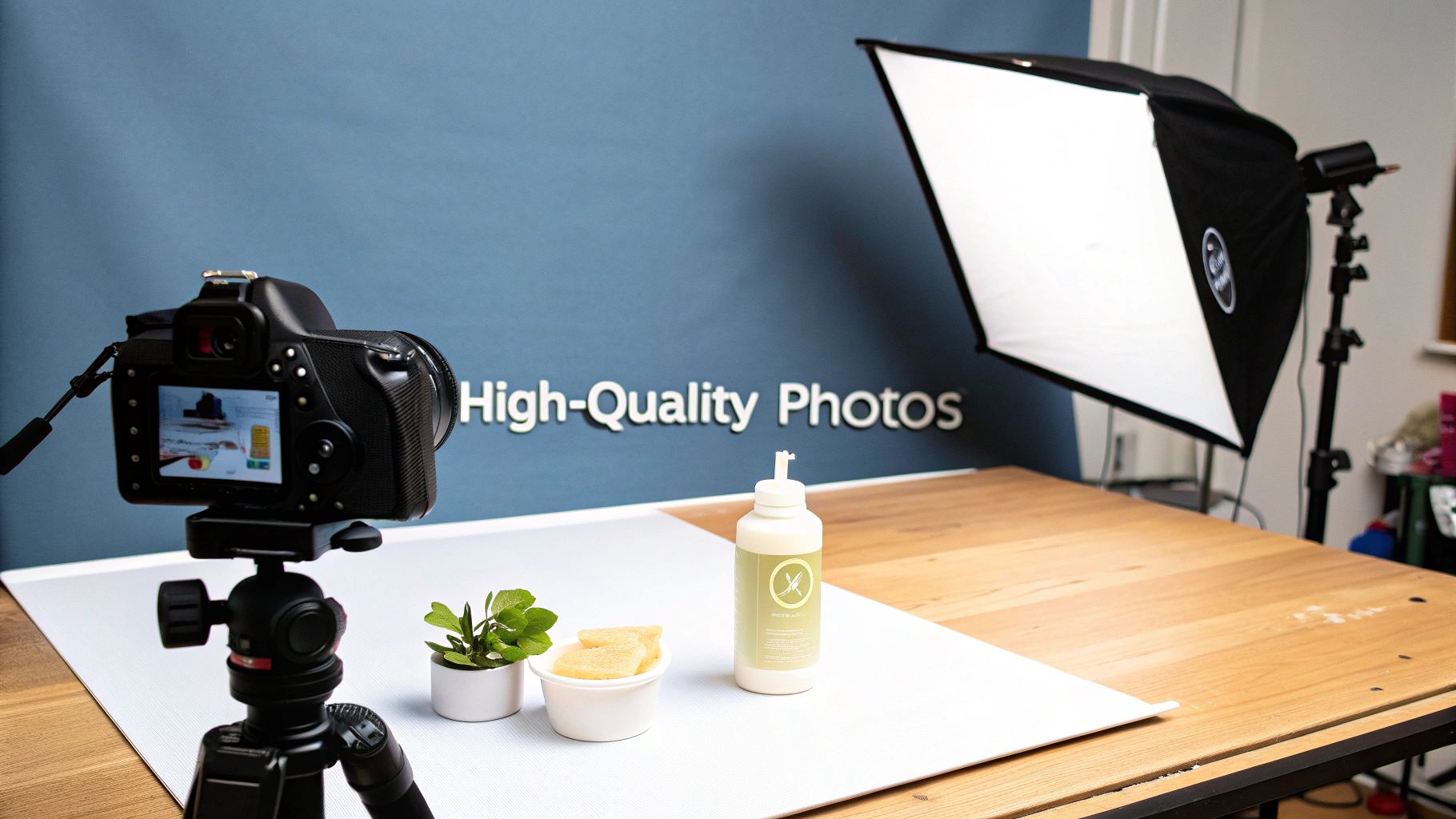 A camera on a tripod is set up for product photography with lighting and a bottle.