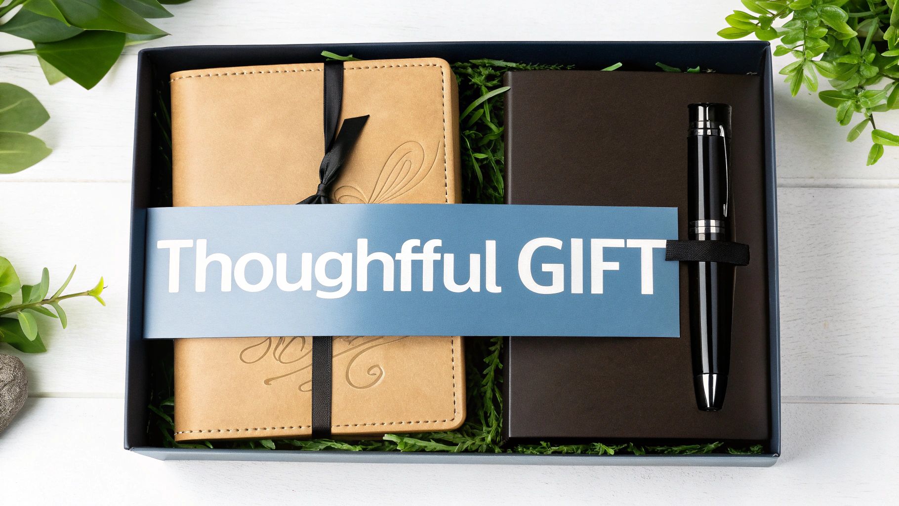 An open gift box containing a tan leather journal, a black pen, and a blue band that reads 'Thoughtful GIFT'.