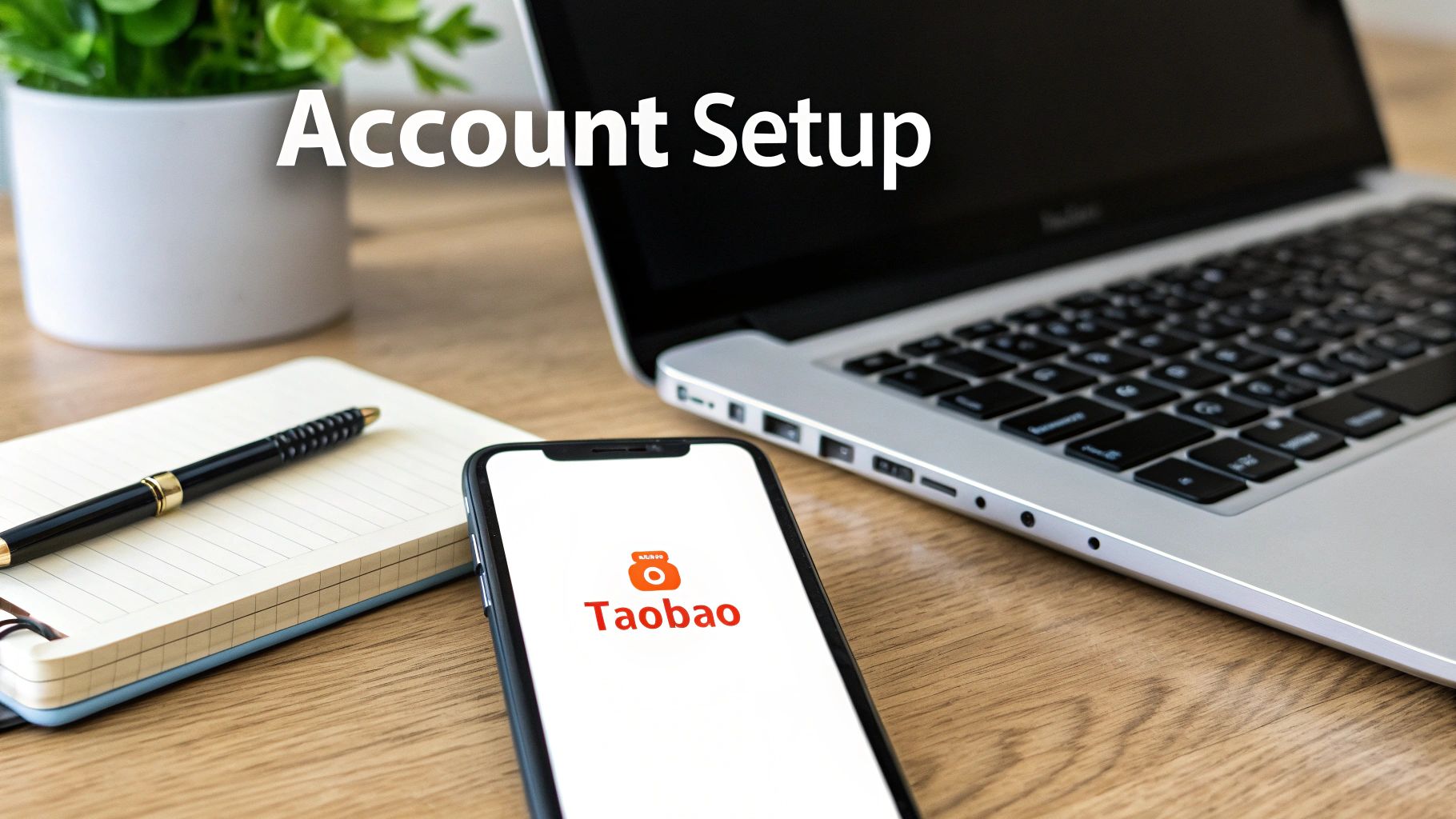 A workspace with a laptop, notebook, and a smartphone displaying the Taobao app, related to account setup.