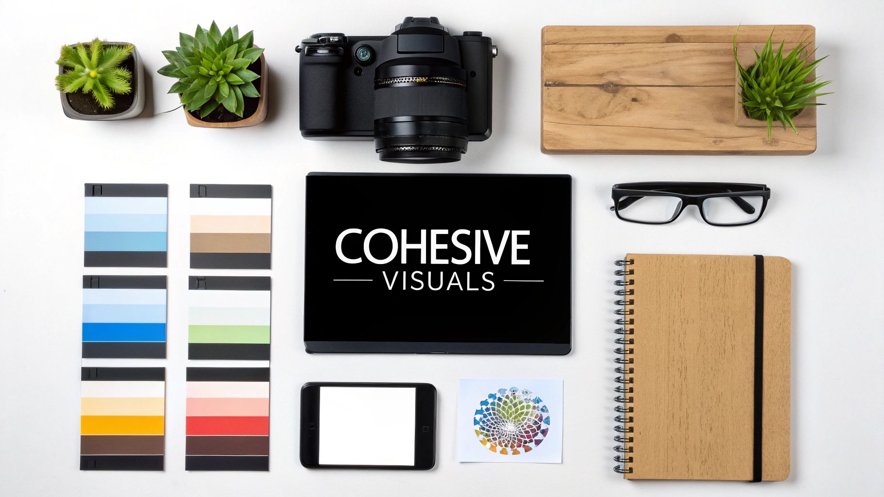 Flat lay of a creative workspace with a camera, color palettes, screen, plants, and notebook.