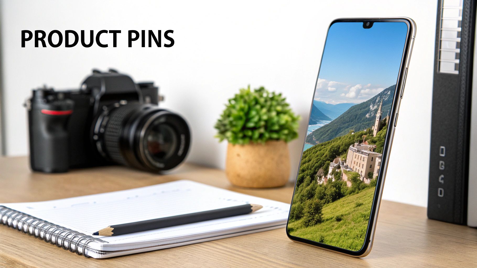 A camera, smartphone displaying a mountain landscape, notebook, and potted plant on a wooden desk.