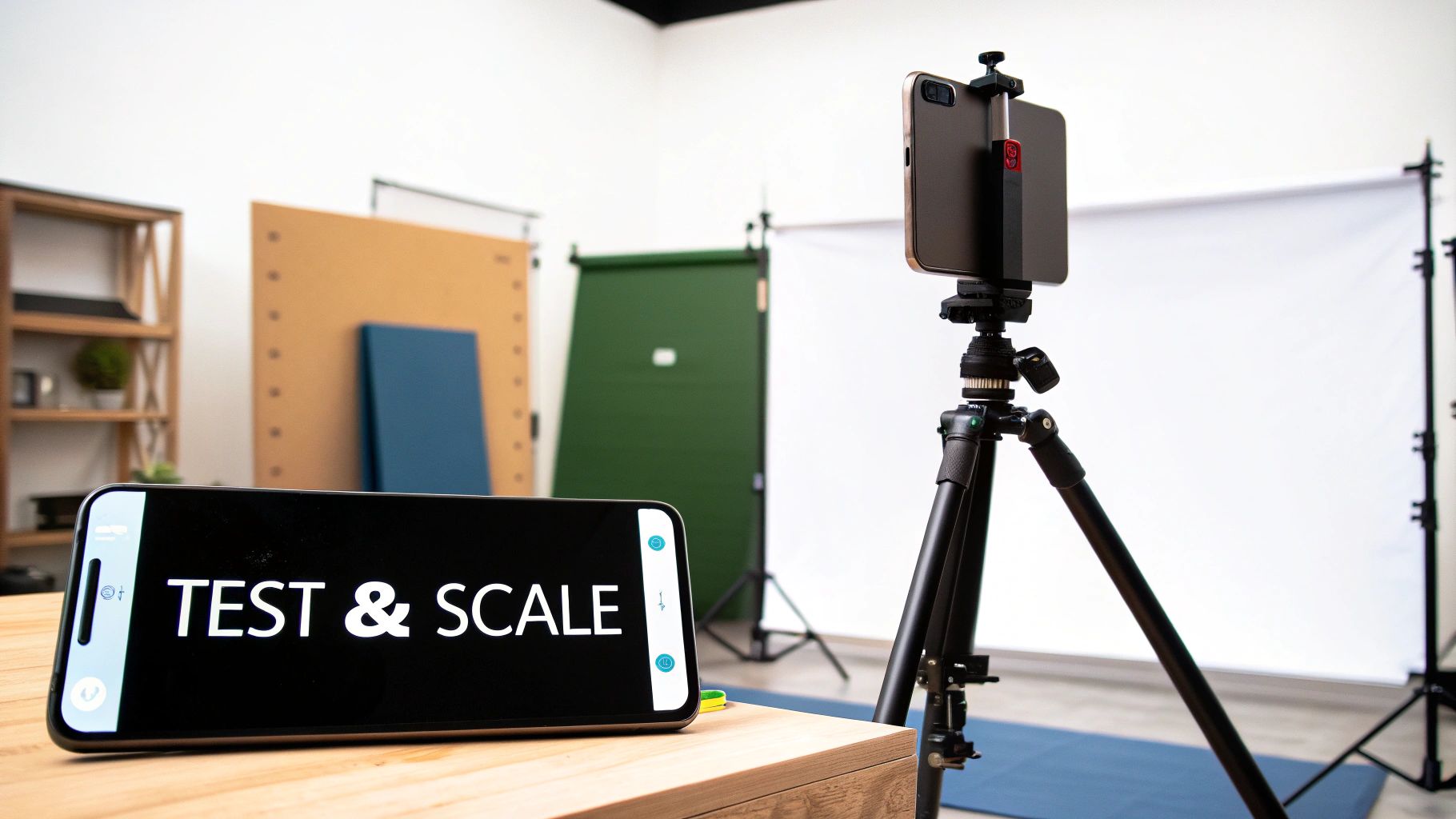 A smartphone displaying 'TEST & SCALE' on a desk, with another smartphone on a tripod in a photo studio setup.