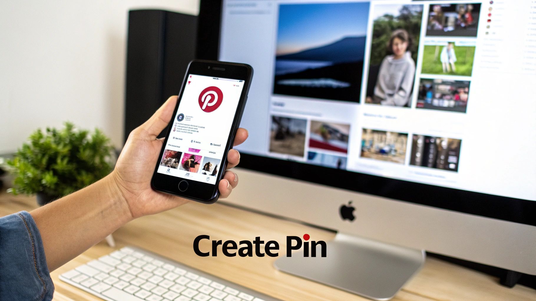 A hand holding a smartphone displaying the Pinterest app, with a desktop computer showing the Pinterest website.