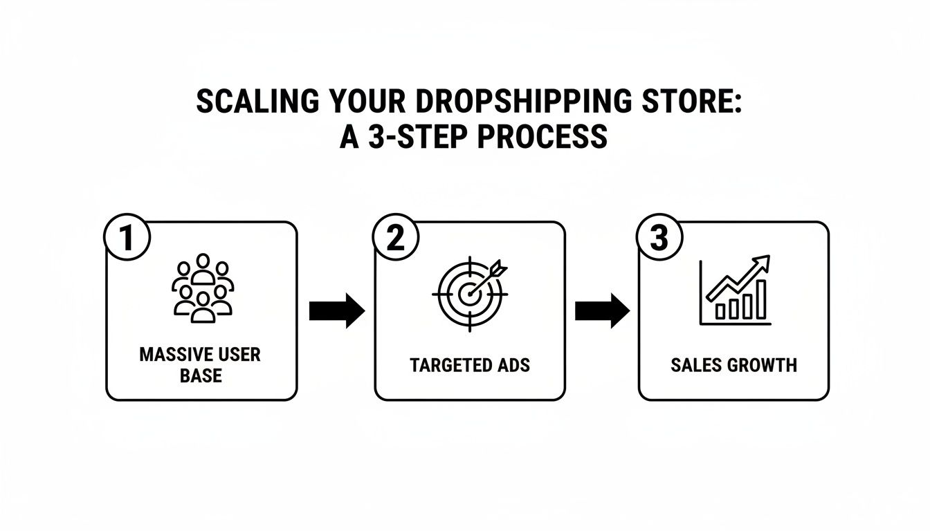 Diagram showing a 3-step process for scaling a dropshipping store, leading to sales growth.