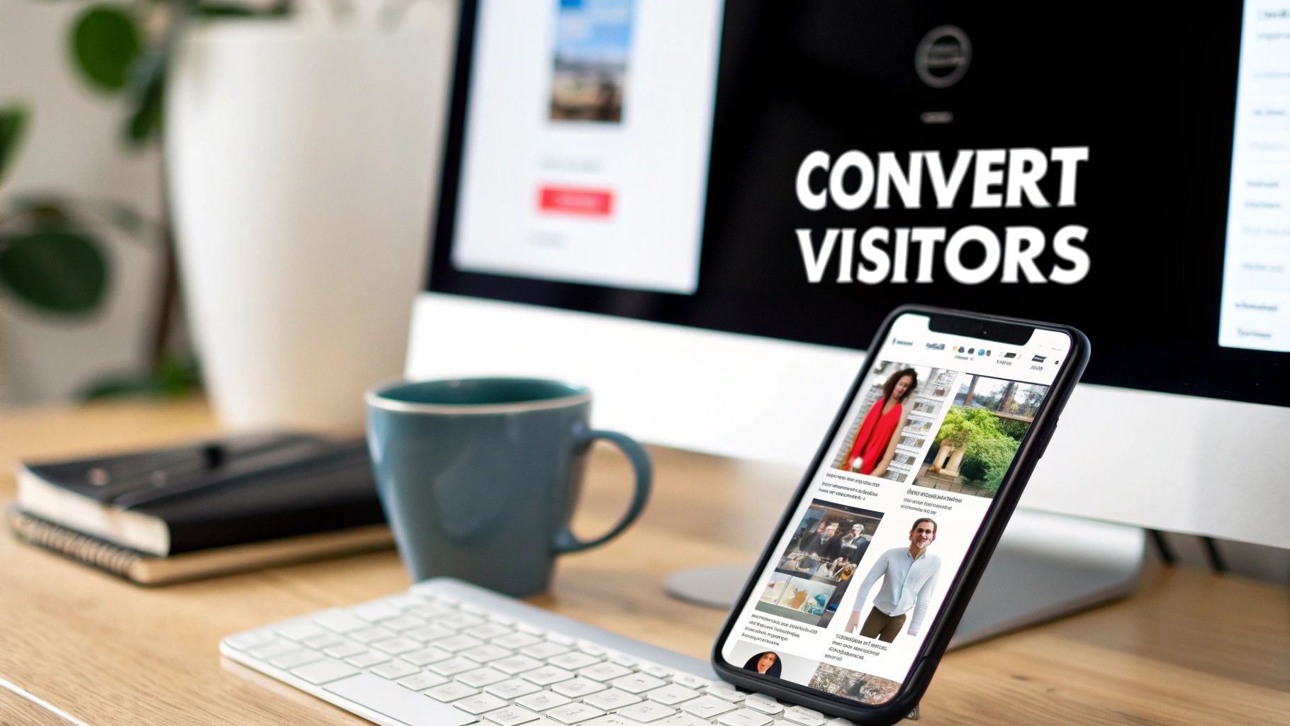 A modern, clean ecommerce storefront design on a laptop screen, showing product images and clear calls to action.