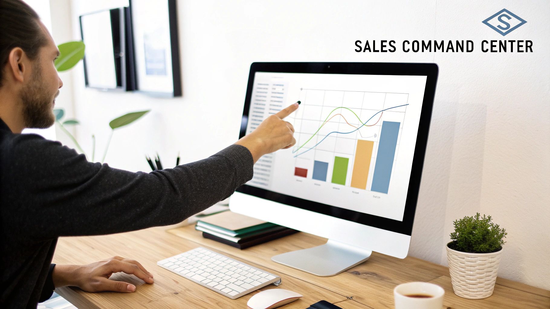 A man reviews sales performance data, pointing at charts and graphs on a desktop computer screen.