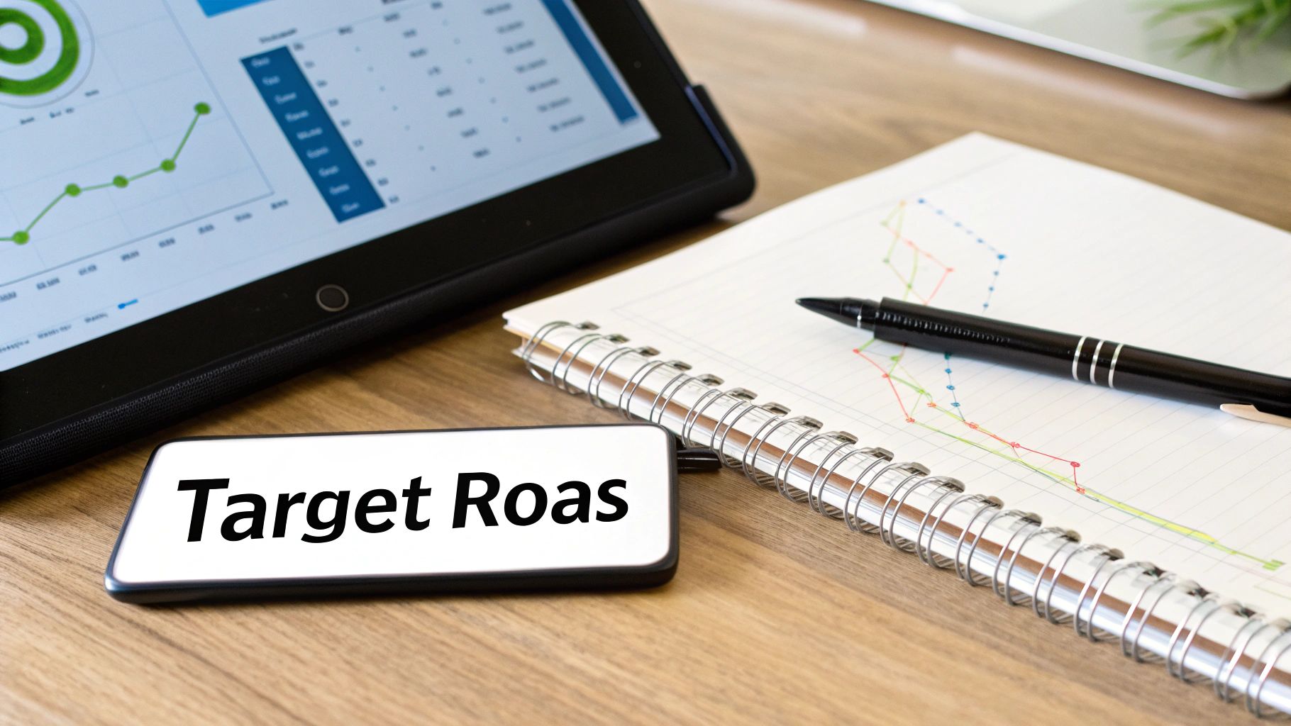 A smartphone displaying 'Target Roas' next to a tablet with charts and a notebook with a pen, illustrating business analysis.