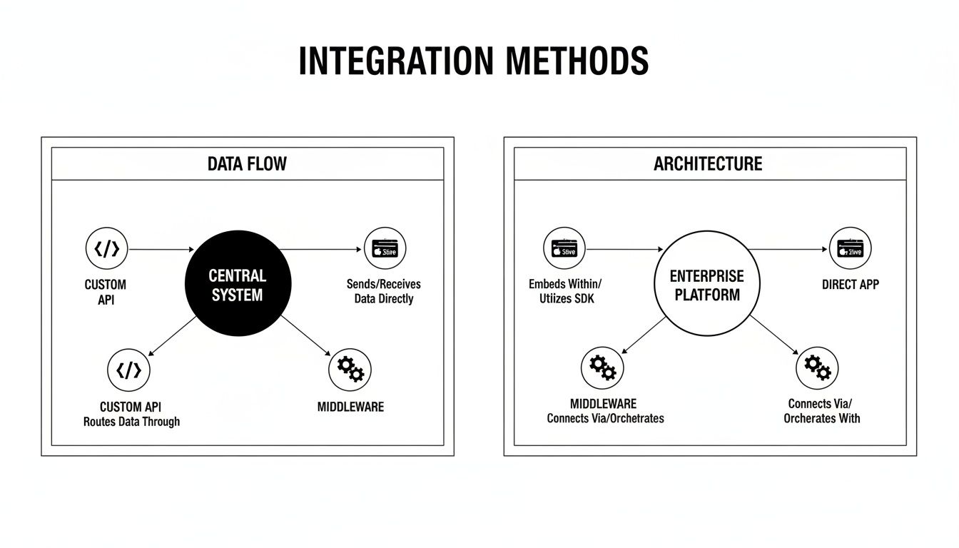Diagrams illustrating different integration methods for data flow and enterprise system architecture.