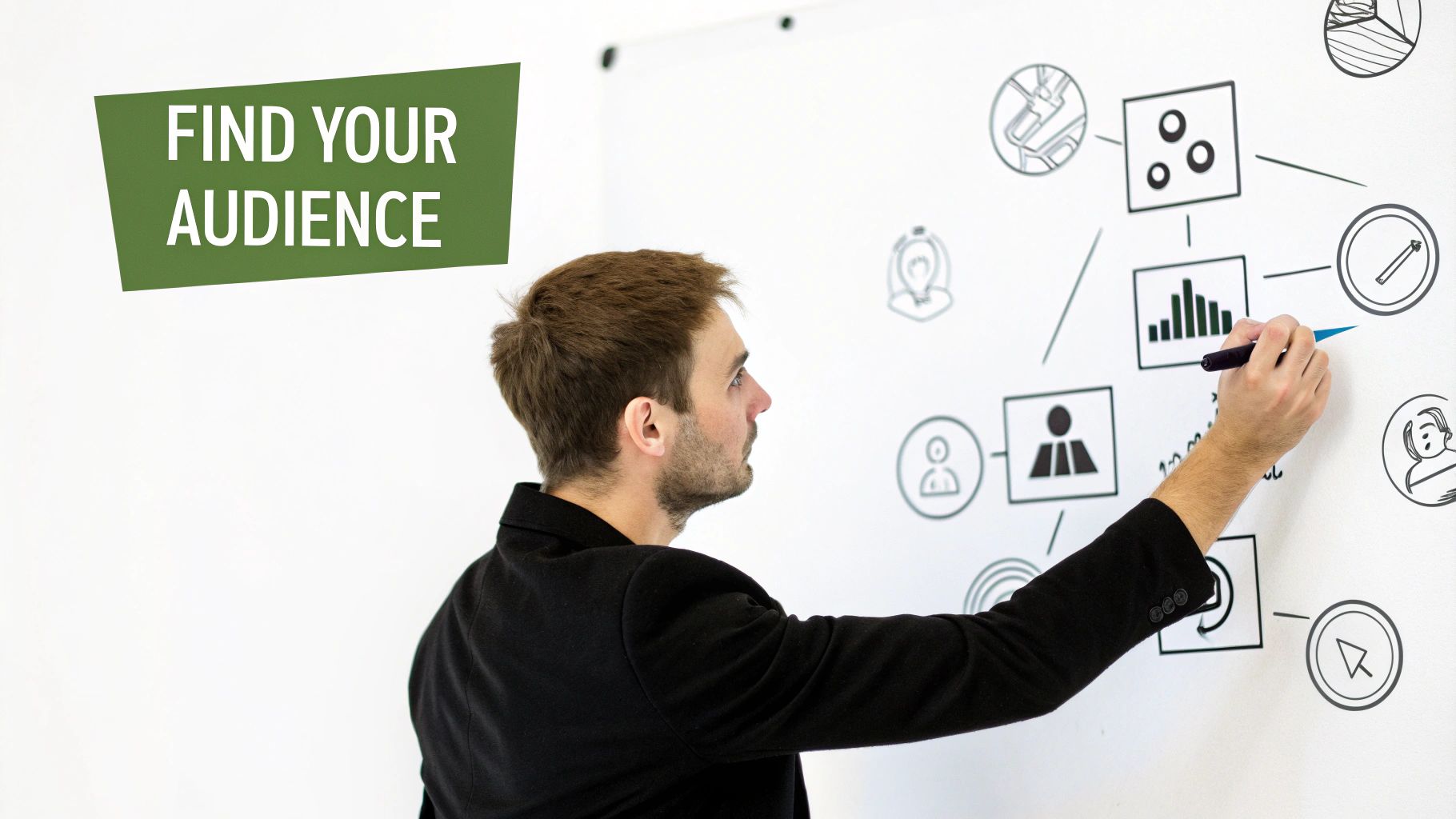 A man draws a diagram on a whiteboard, creating a strategy to find his audience.