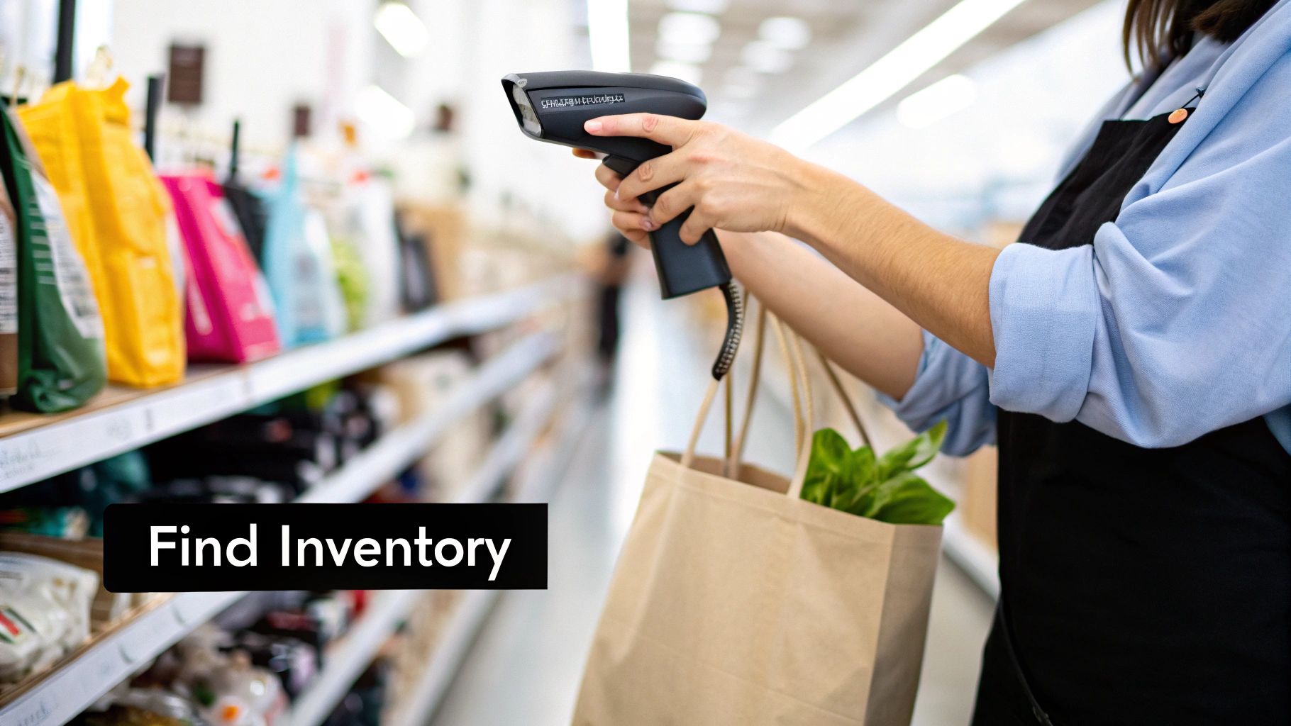 A person in a store aisle scans products with a barcode scanner to find inventory.