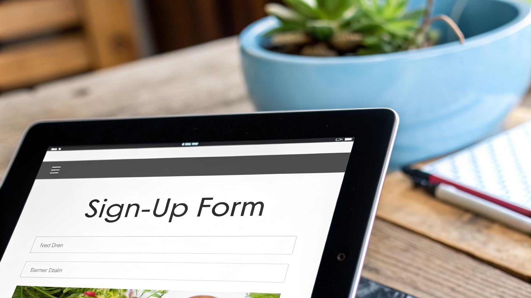Close-up of a tablet screen showing a 'Sign-Up Form' on a wooden table with a plant.