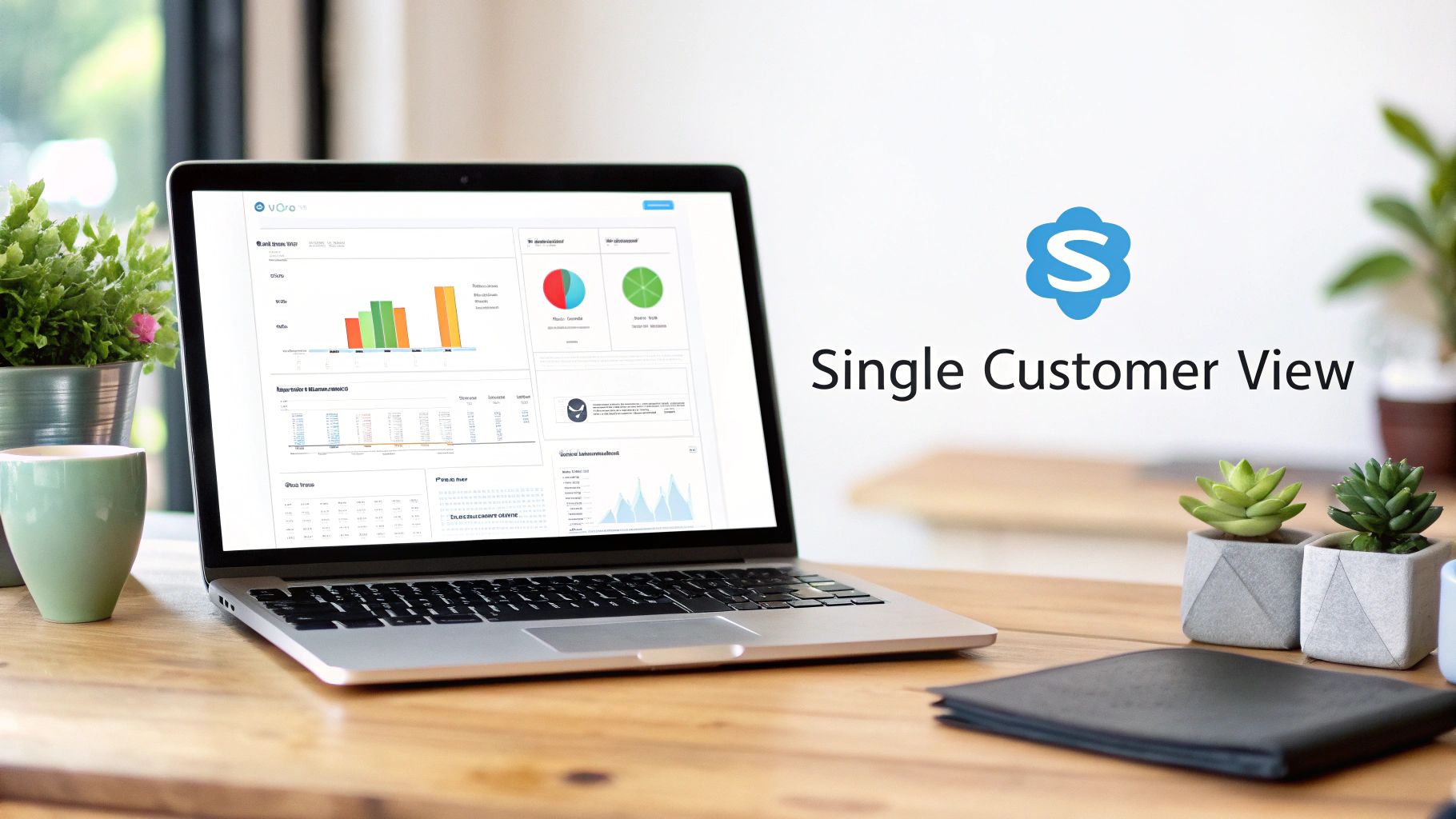 A laptop on a wooden desk displays a customer data dashboard next to a blue logo and 'Single Customer View' text.