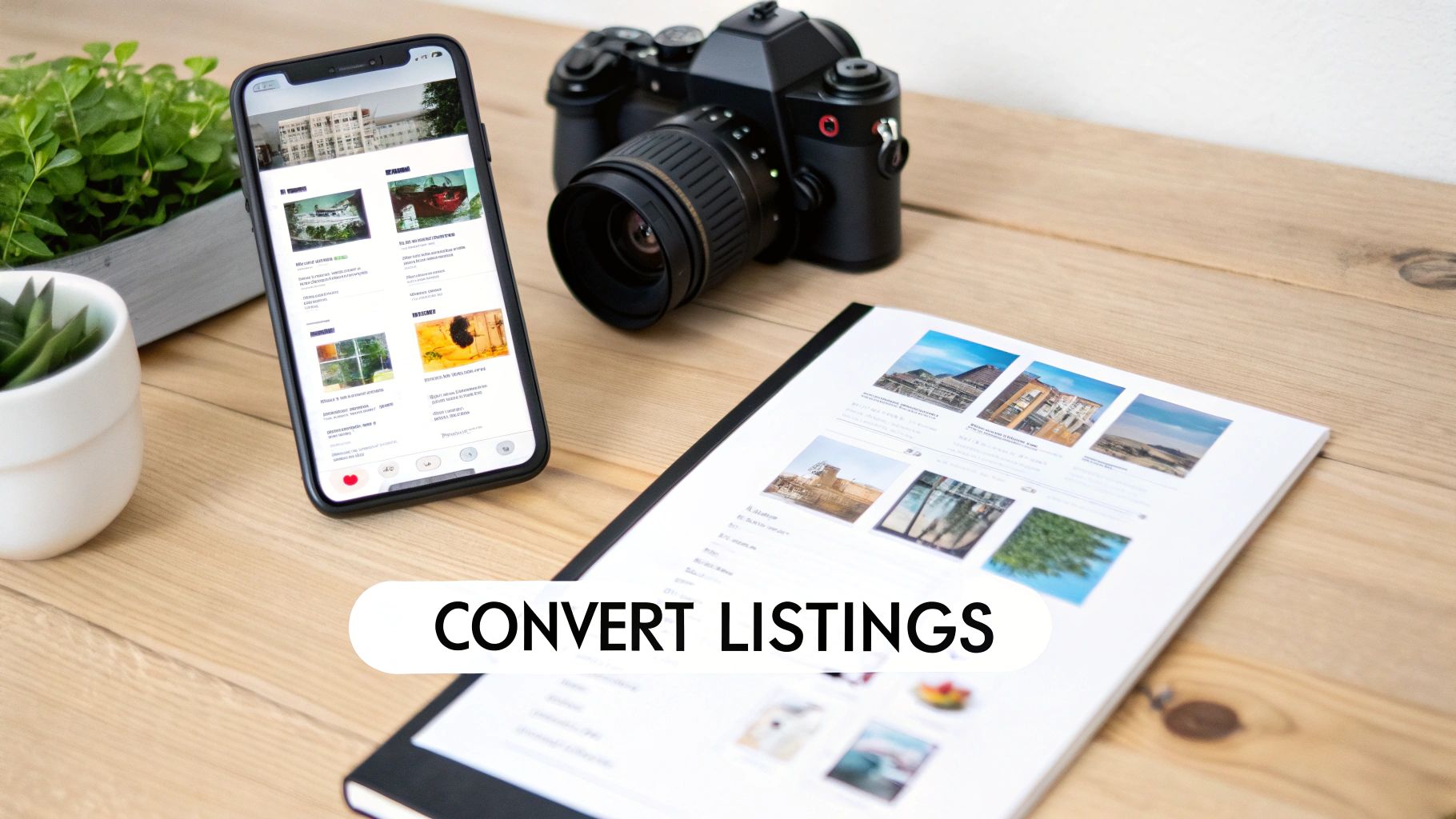 A smartphone, camera, and document on a wooden table, with 'CONVERT LISTINGS' overlay.