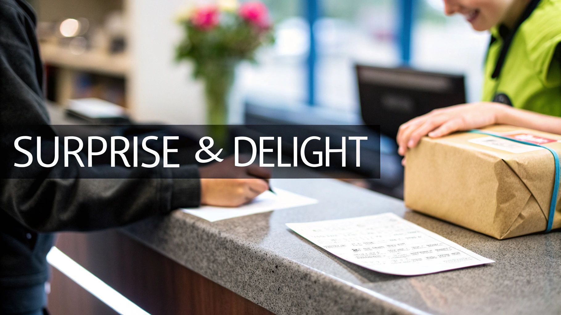 Customer signing a delivery form at a service counter, with a smiling worker and a package, captioned 'SURPRISE & DELIGHT'.