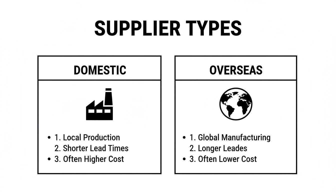 Infographic comparing domestic and overseas supplier types, detailing production, lead times, and cost.