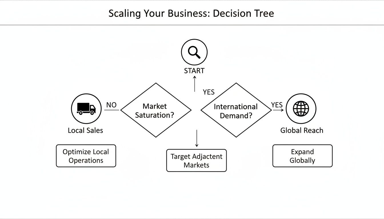 A decision tree flowchart illustrating strategies for scaling a business based on market saturation and international demand.
