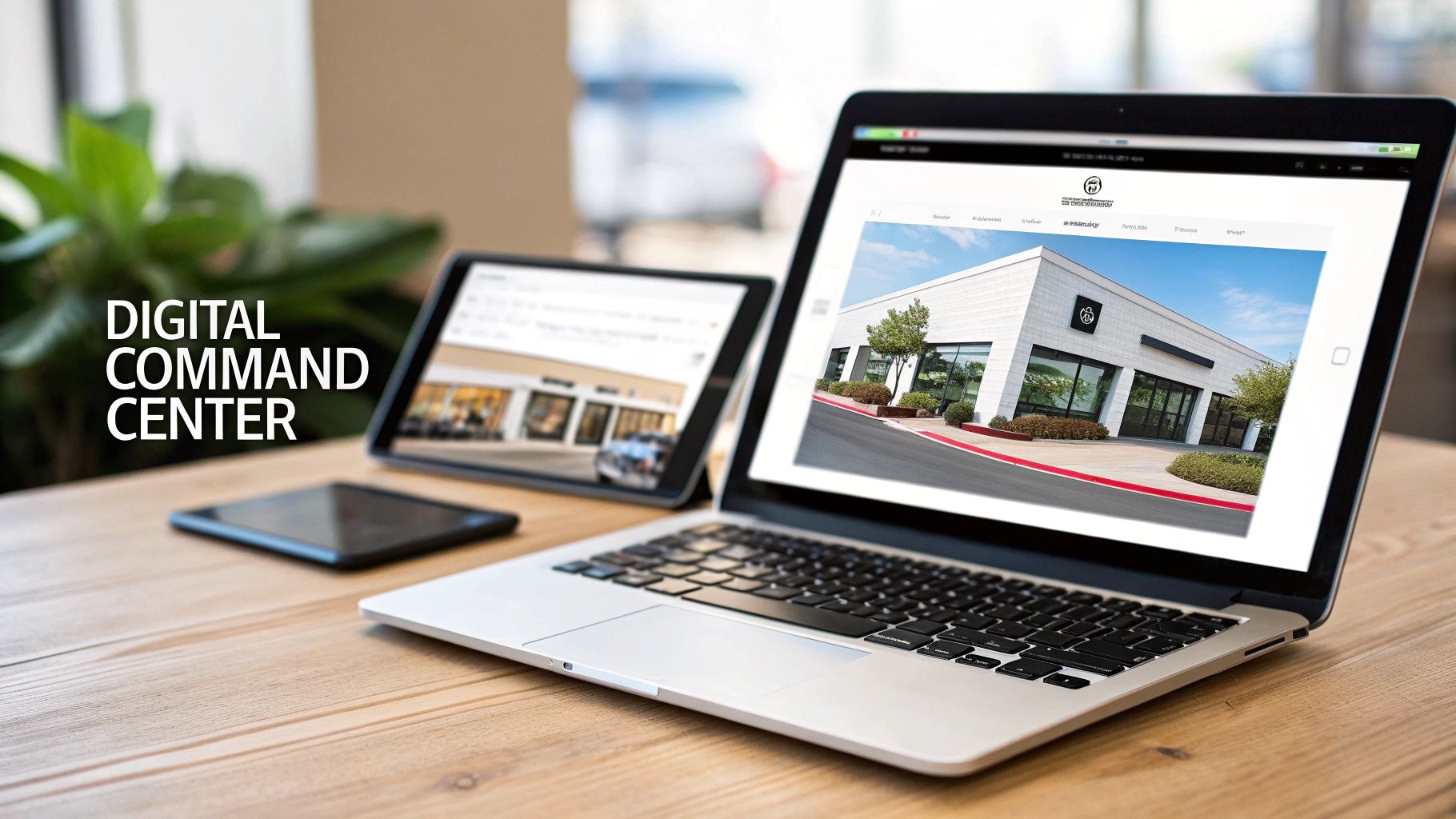 A laptop, tablet, and smartphone displaying commercial buildings on a wooden desk with "DIGITAL COMMAND CENTER" text.